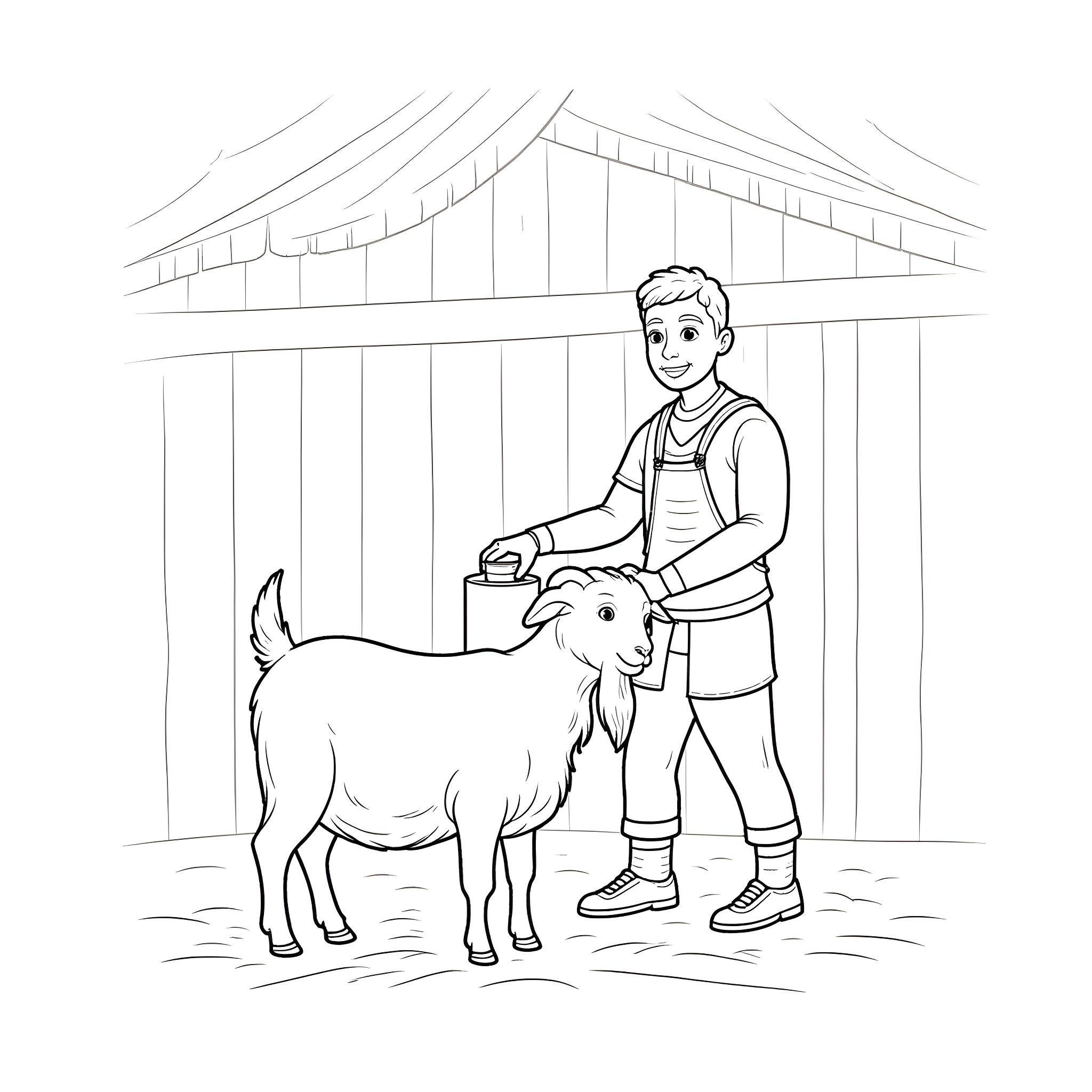 Goat being cared for by a farmer Coloring Page (free black-and-white line drawing printable PDF for all, from beginners to advanced learners, including children, teens, adults, and seniors)