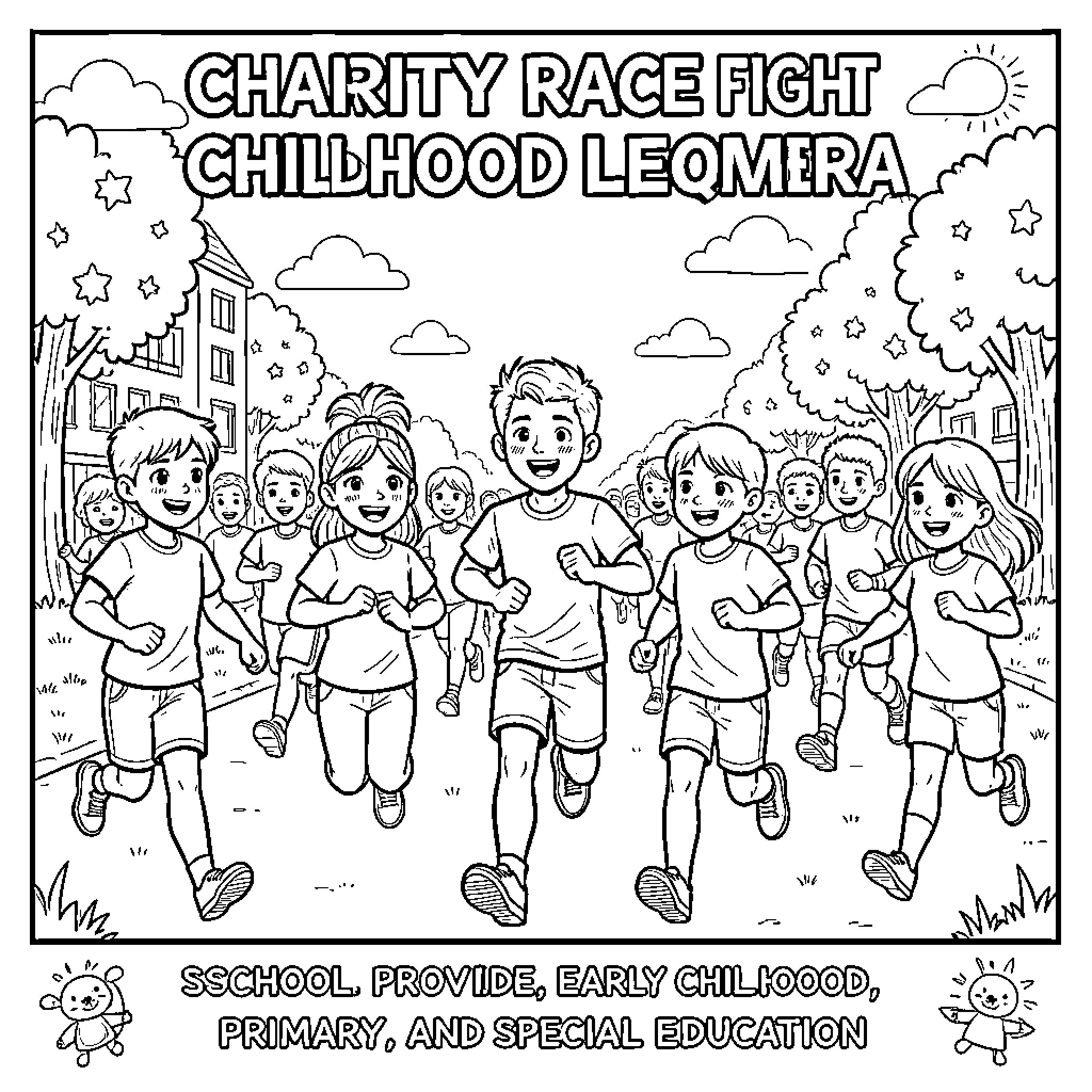 Leukemia charity race with children running together happily Coloring Page (free black-and-white line drawing printable PDF for all, from beginners to advanced learners, including children, teens, adults, and seniors)