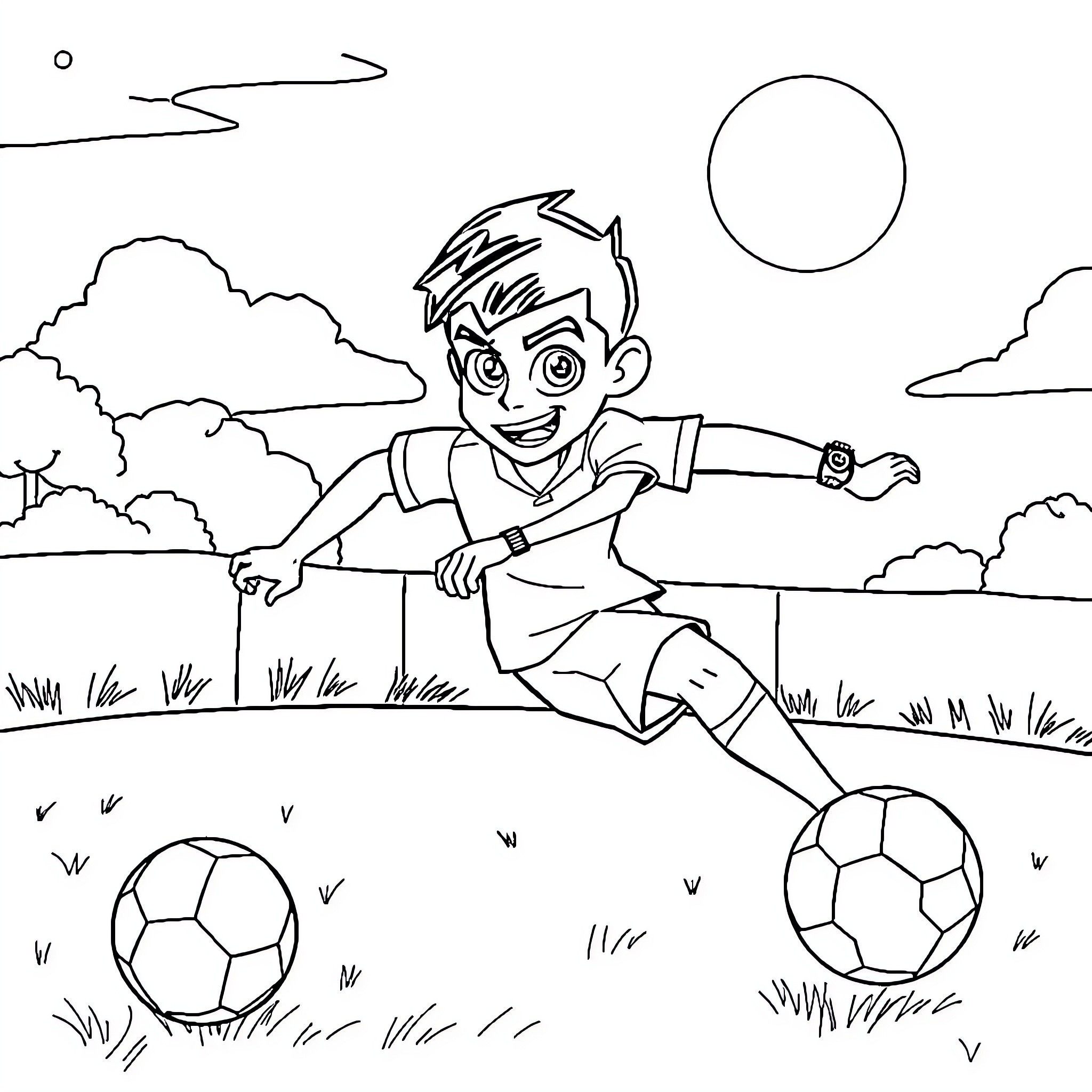 Ben 10 playing soccer in a grassy field Coloring Page (free black-and-white line drawing printable PDF for all, from beginners to advanced learners, including children, teens, adults, and seniors)