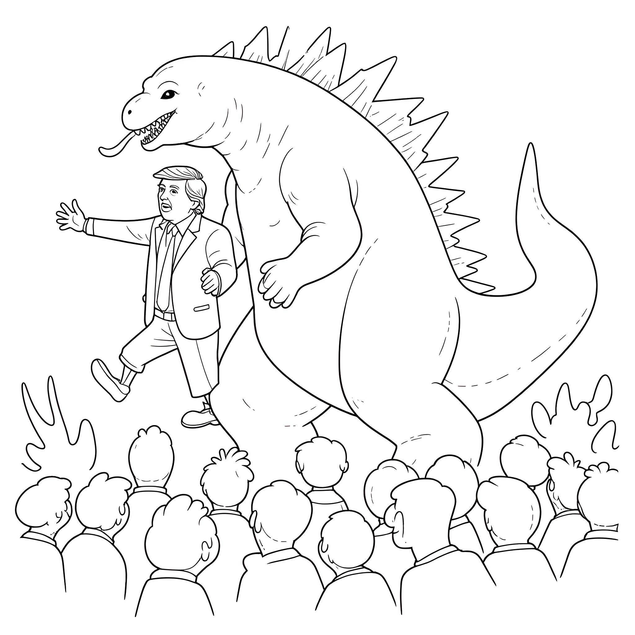 Godzilla confronting a suited man before a crowd Coloring Page (free black-and-white line drawing printable PDF for all, from beginners to advanced learners, including children, teens, adults, and seniors)