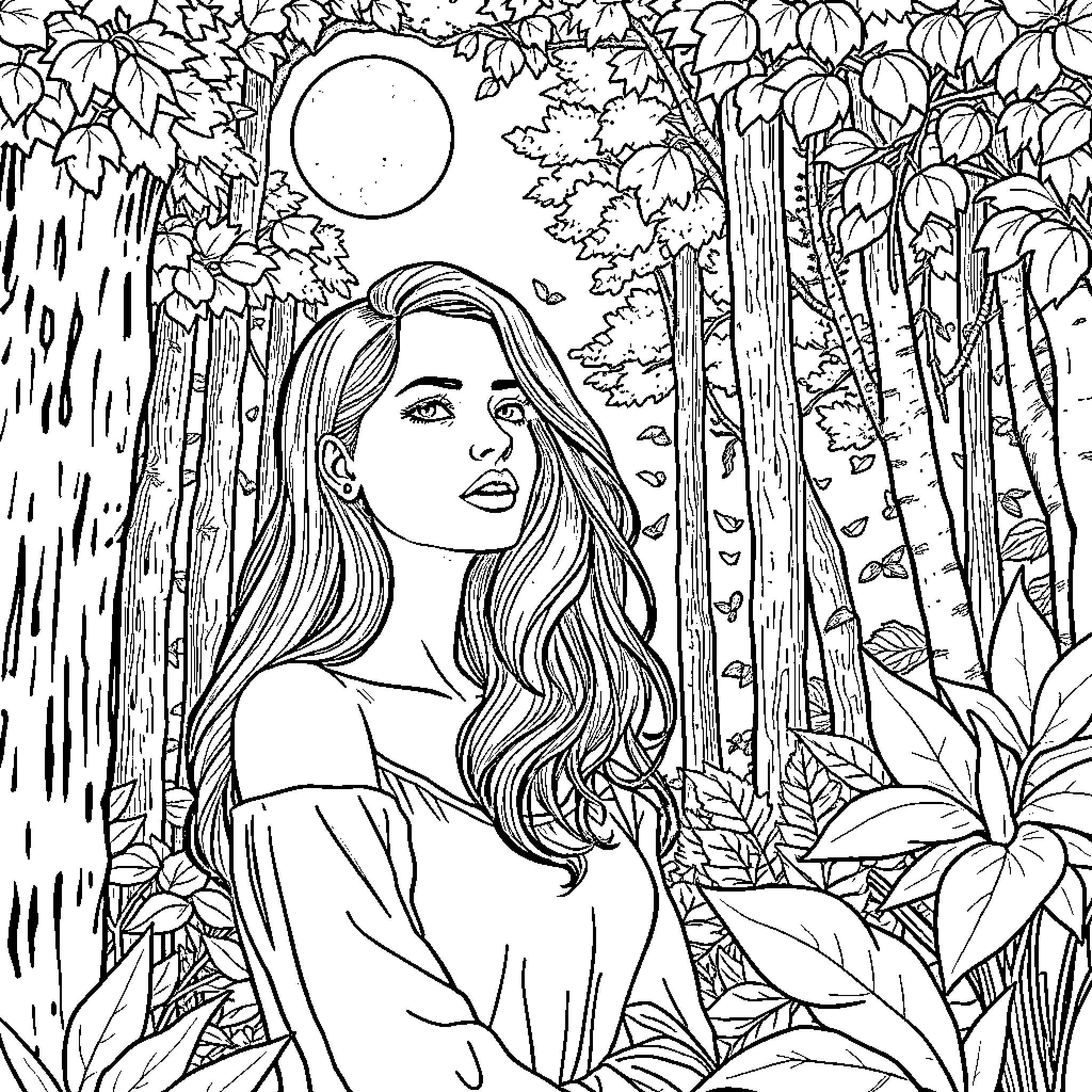 Woman contemplating nature in a lush forest Coloring Page (free black-and-white line drawing printable PDF for all, from beginners to advanced learners, including children, teens, adults, and seniors)