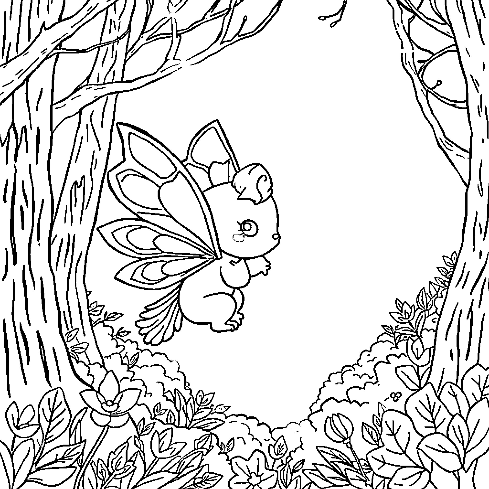 Sprunki's Whimsical Forest Adventure Coloring Page (free black-and-white line drawing printable PDF for all, from beginners to advanced learners, including children, teens, adults, and seniors)