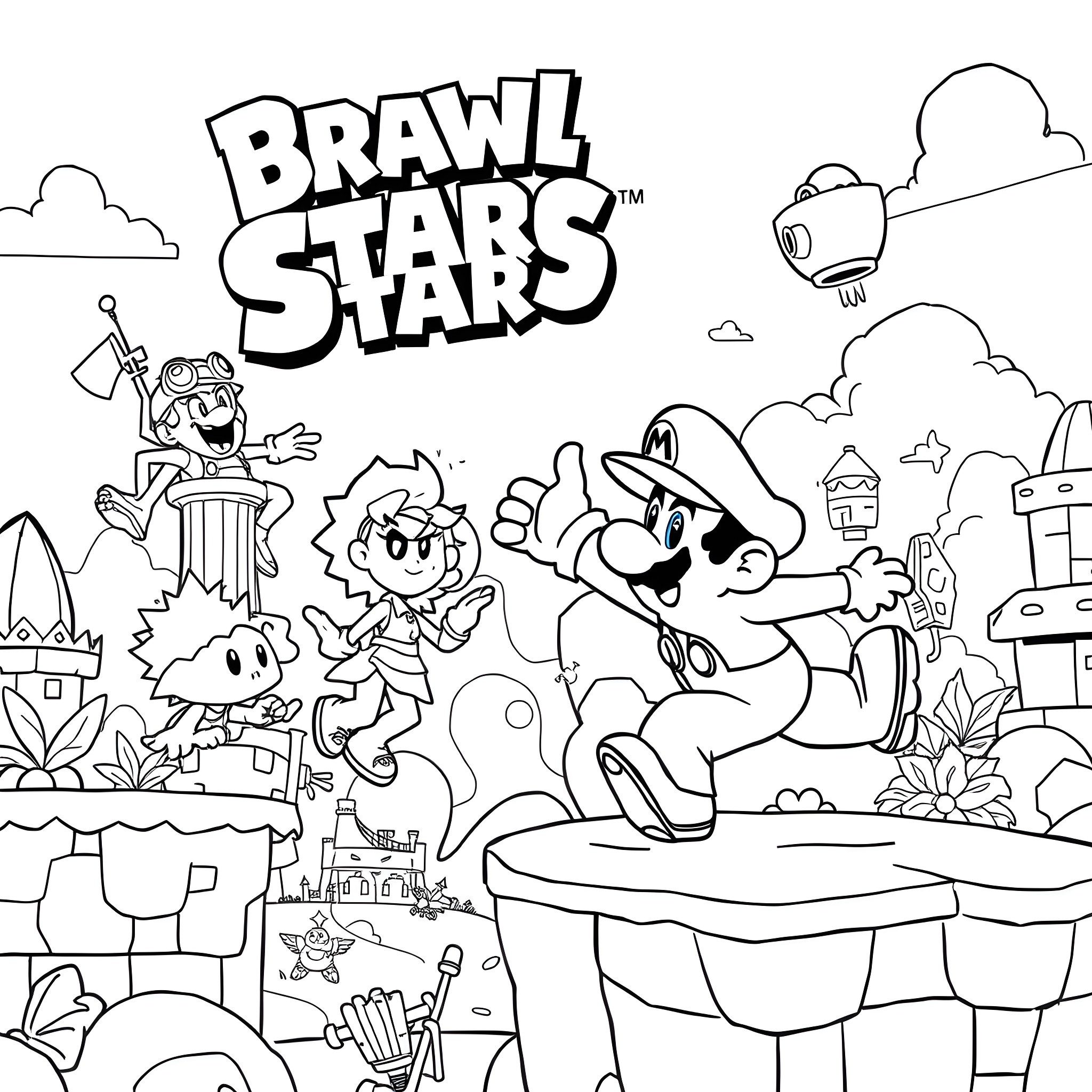 Brawl Stars characters in a playful, energetic scene Coloring Page (free black-and-white line drawing printable PDF for all, from beginners to advanced learners, including children, teens, adults, and seniors)
