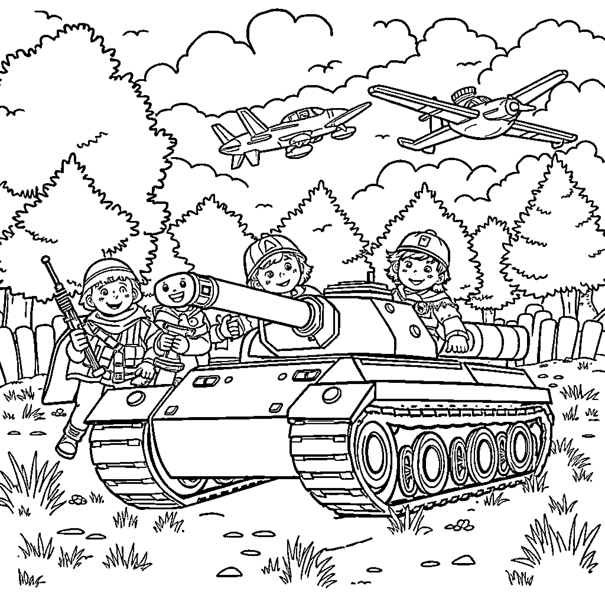 Kid Soldiers Riding Tank in Military Battlefield Coloring Page (free black-and-white line drawing printable PDF for all, from beginners to advanced learners, including children, teens, adults, and seniors)