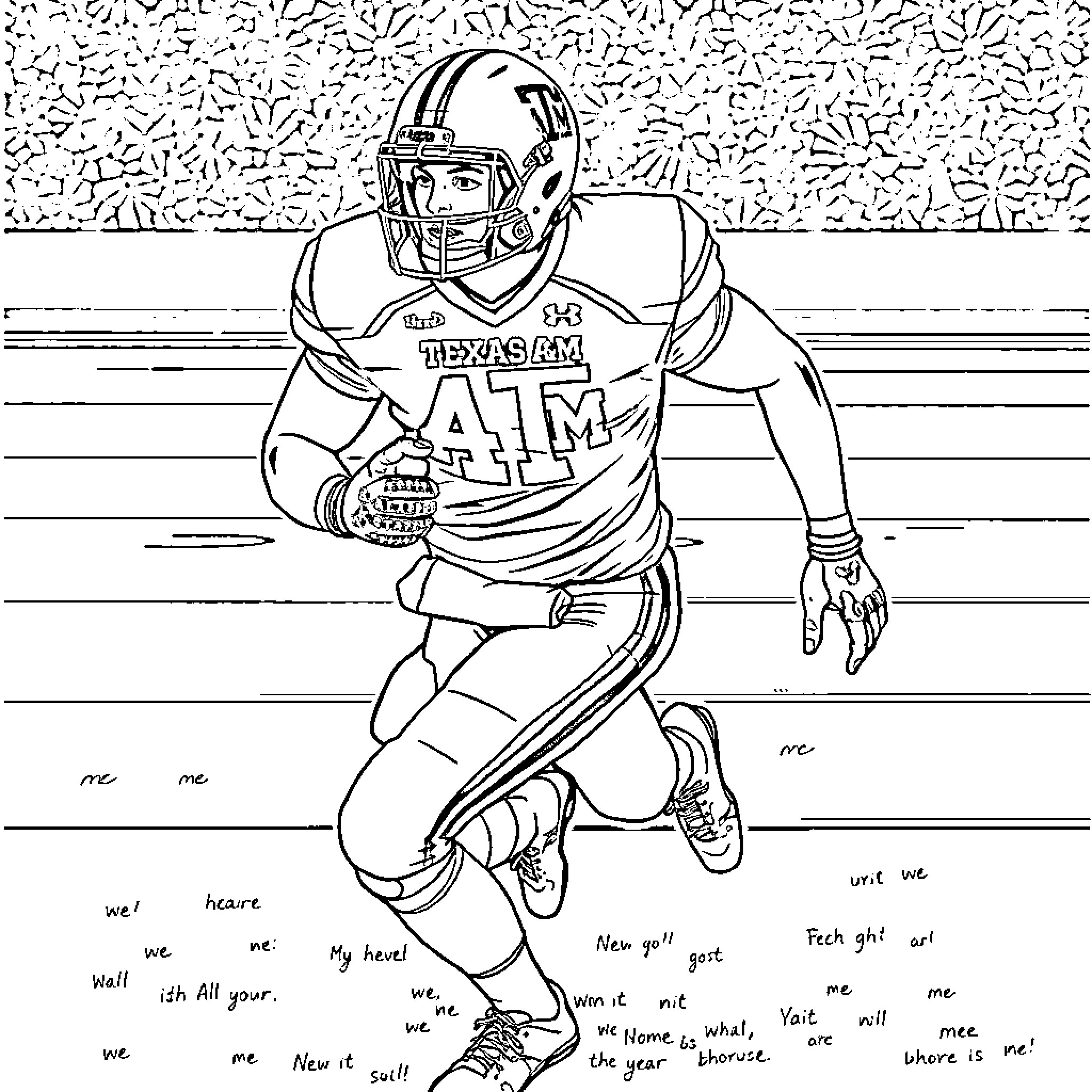 Football Player Running Aggressively on Field Coloring Page (free black-and-white line drawing printable PDF for all, from beginners to advanced learners, including children, teens, adults, and seniors)