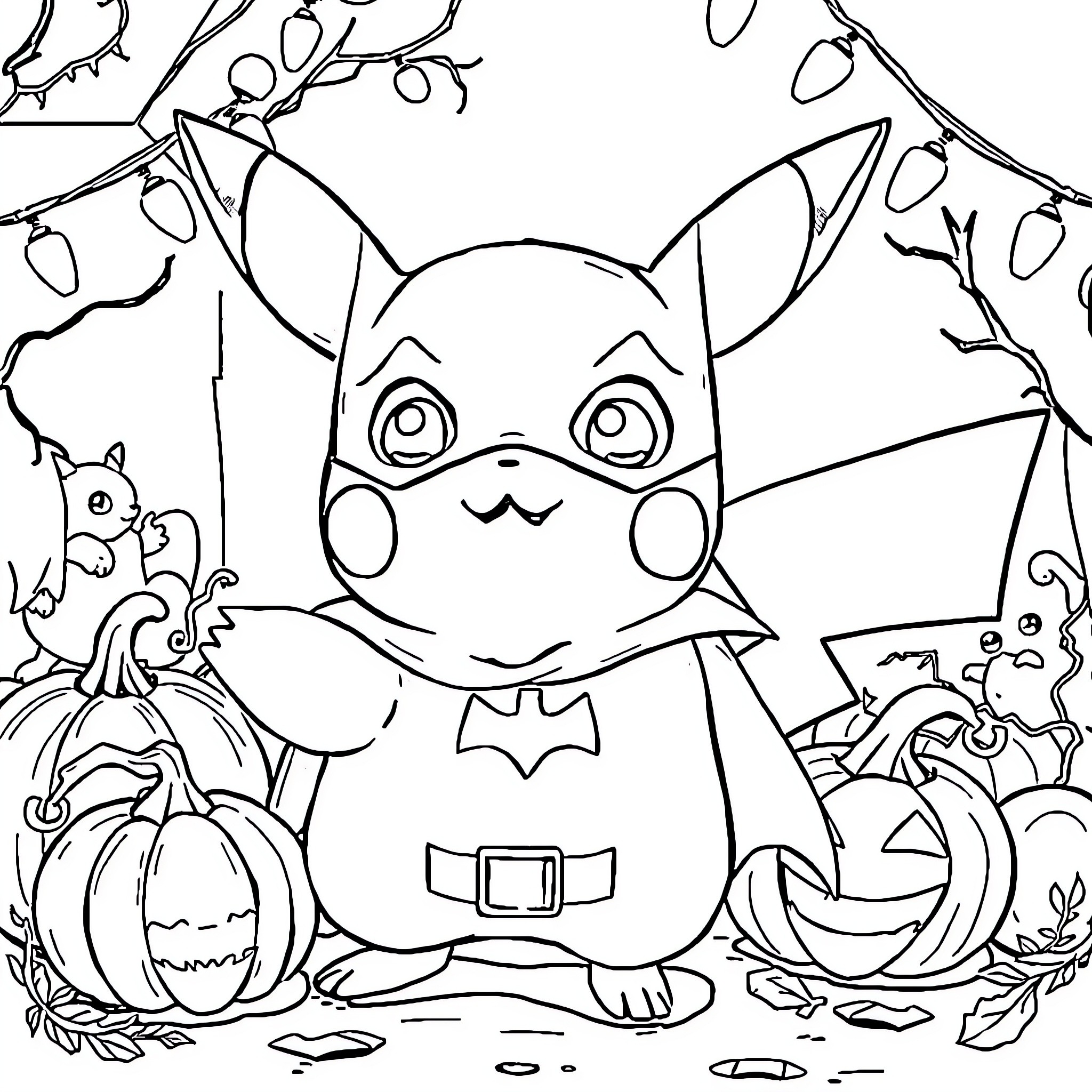 Pikachu in a Halloween scene with pumpkins Coloring Page (free black-and-white line drawing printable PDF for all, from beginners to advanced learners, including children, teens, adults, and seniors)