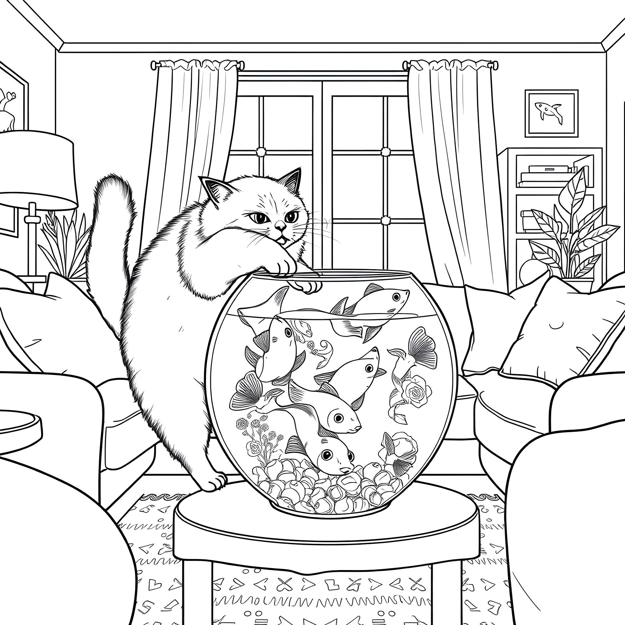 Cat watching fish in an aquarium Coloring Page (free black-and-white line drawing printable PDF for all, from beginners to advanced learners, including children, teens, adults, and seniors)