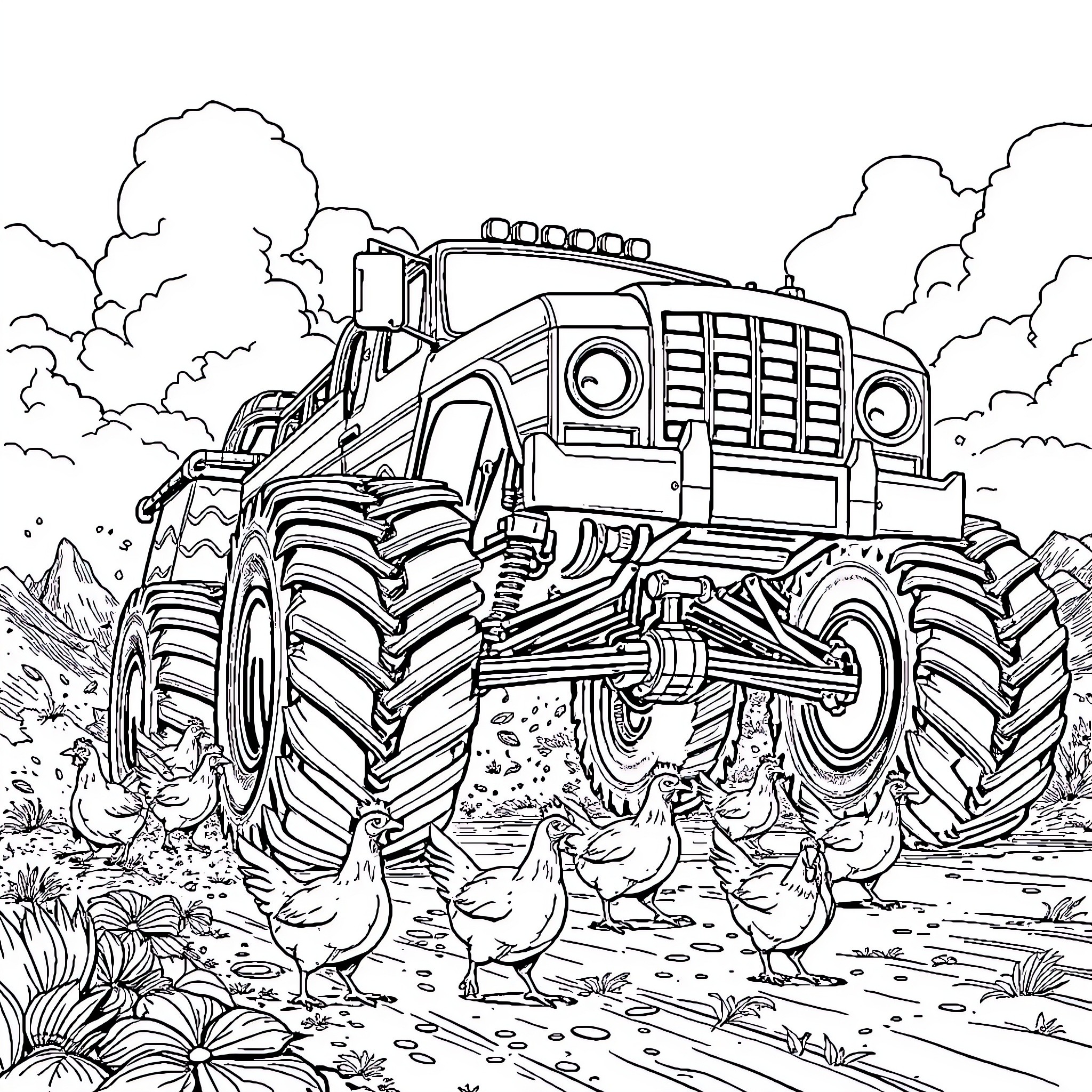 Monster Truck Crushing Ducks in the Countryside Coloring Page (free black-and-white line drawing printable PDF for all, from beginners to advanced learners, including children, teens, adults, and seniors)