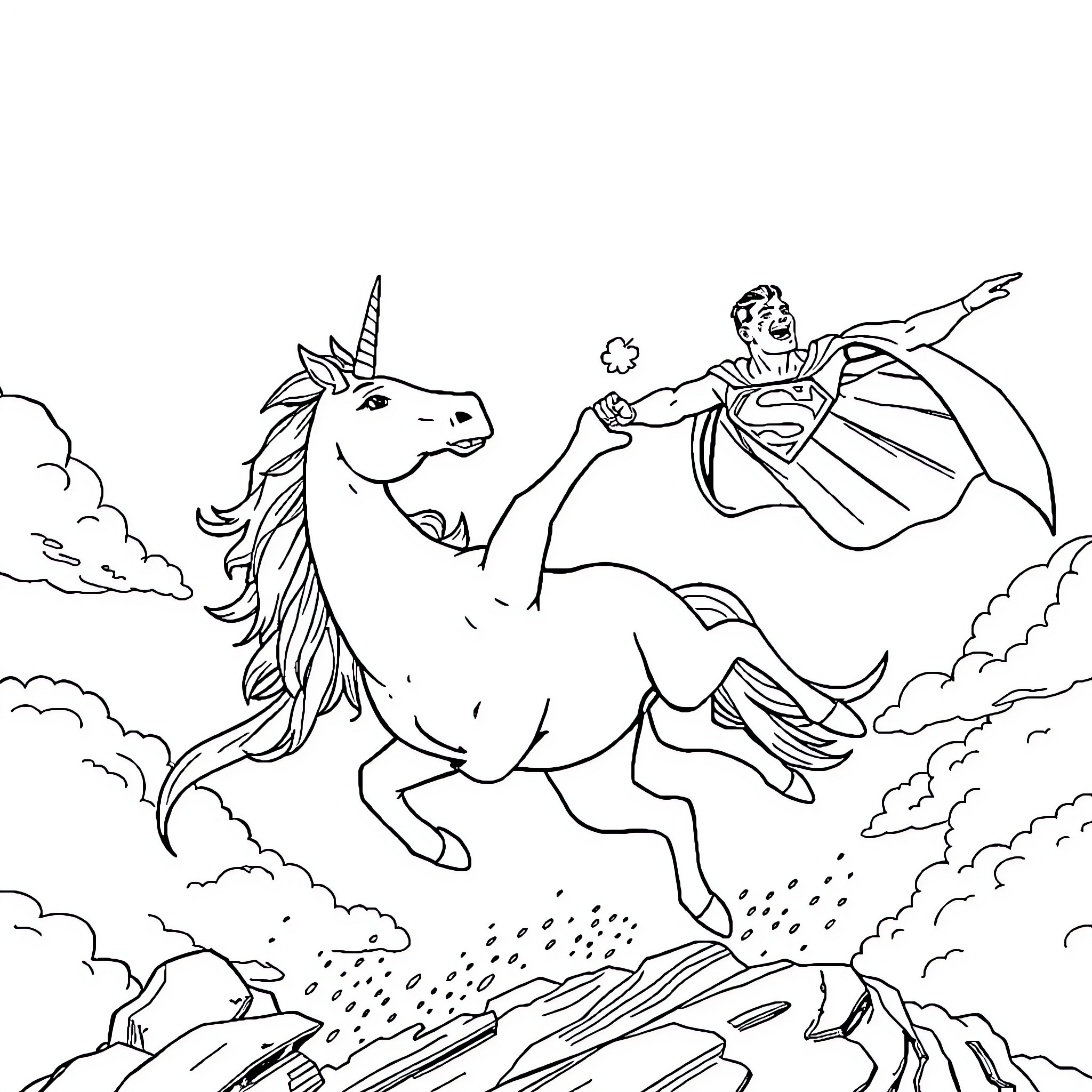 Unicorn transporting a superhero through the clouds Coloring Page (free black-and-white line drawing printable PDF for all, from beginners to advanced learners, including children, teens, adults, and seniors)