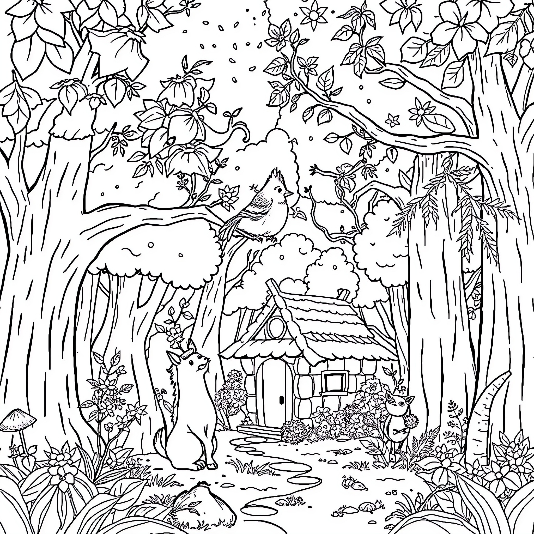 Forest Fairytale Scene with Cottage and Animals Coloring Page (free black-and-white line drawing printable PDF for all, from beginners to advanced learners, including children, teens, adults, and seniors)