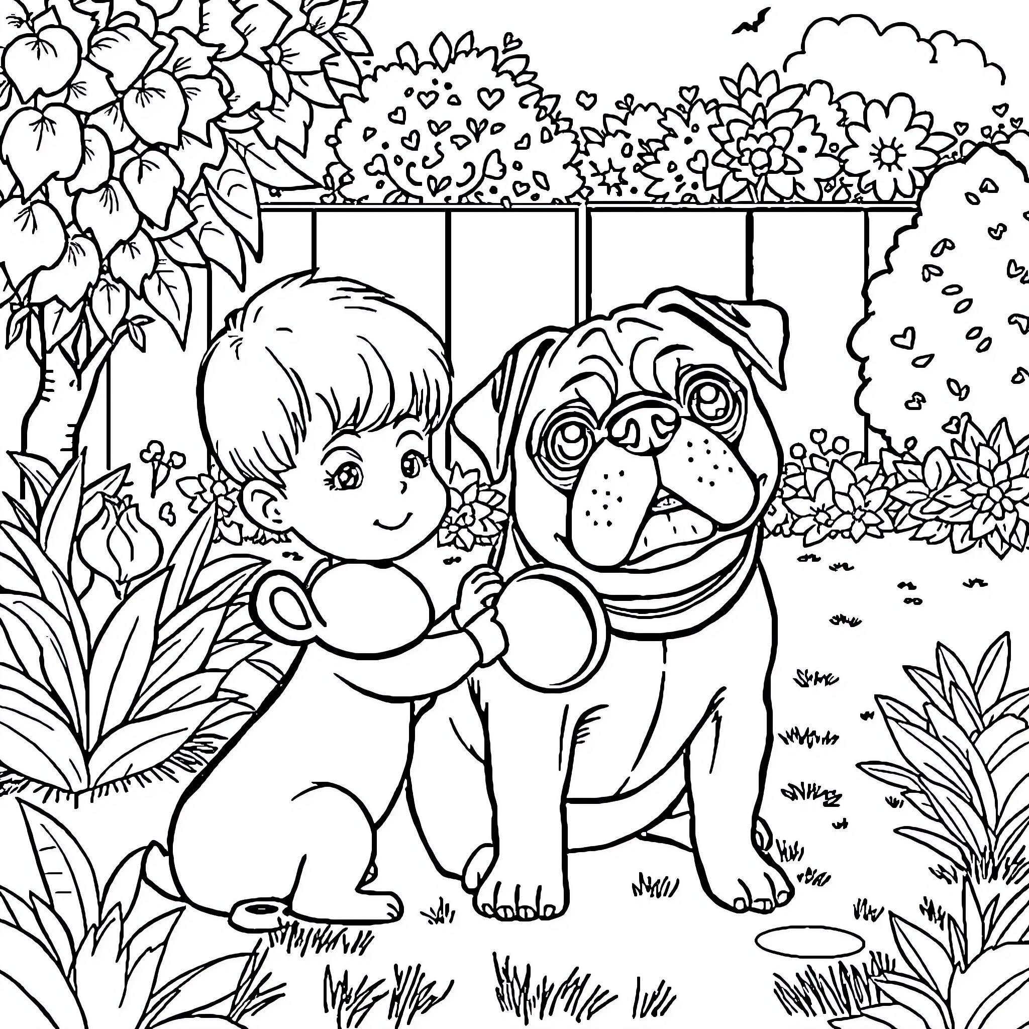 Pug and child playing together in garden Coloring Page (free black-and-white line drawing printable PDF for all, from beginners to advanced learners, including children, teens, adults, and seniors)