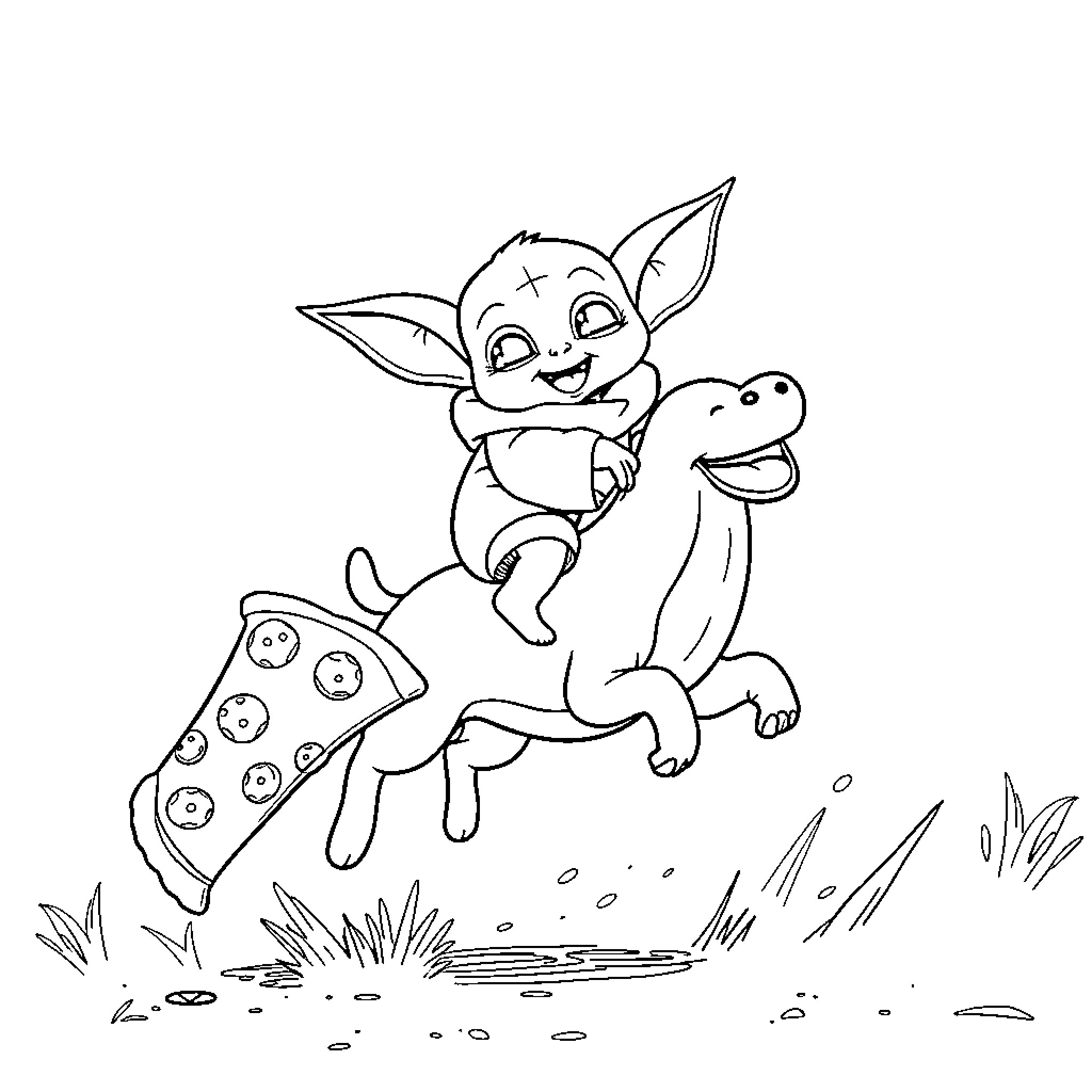 Baby Yoda playing with a companion Coloring Page (free black-and-white line drawing printable PDF for all, from beginners to advanced learners, including children, teens, adults, and seniors)