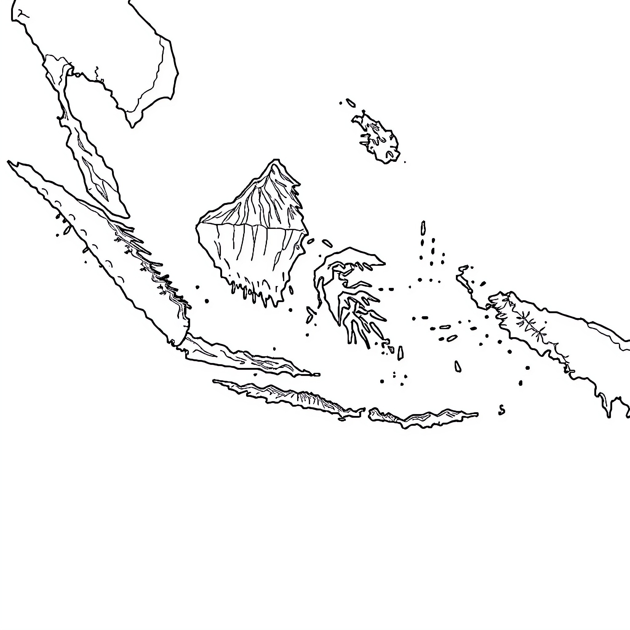 Map of Jagged Coastline and Islands Coloring Page (free black-and-white line drawing printable PDF for all, from beginners to advanced learners, including children, teens, adults, and seniors)