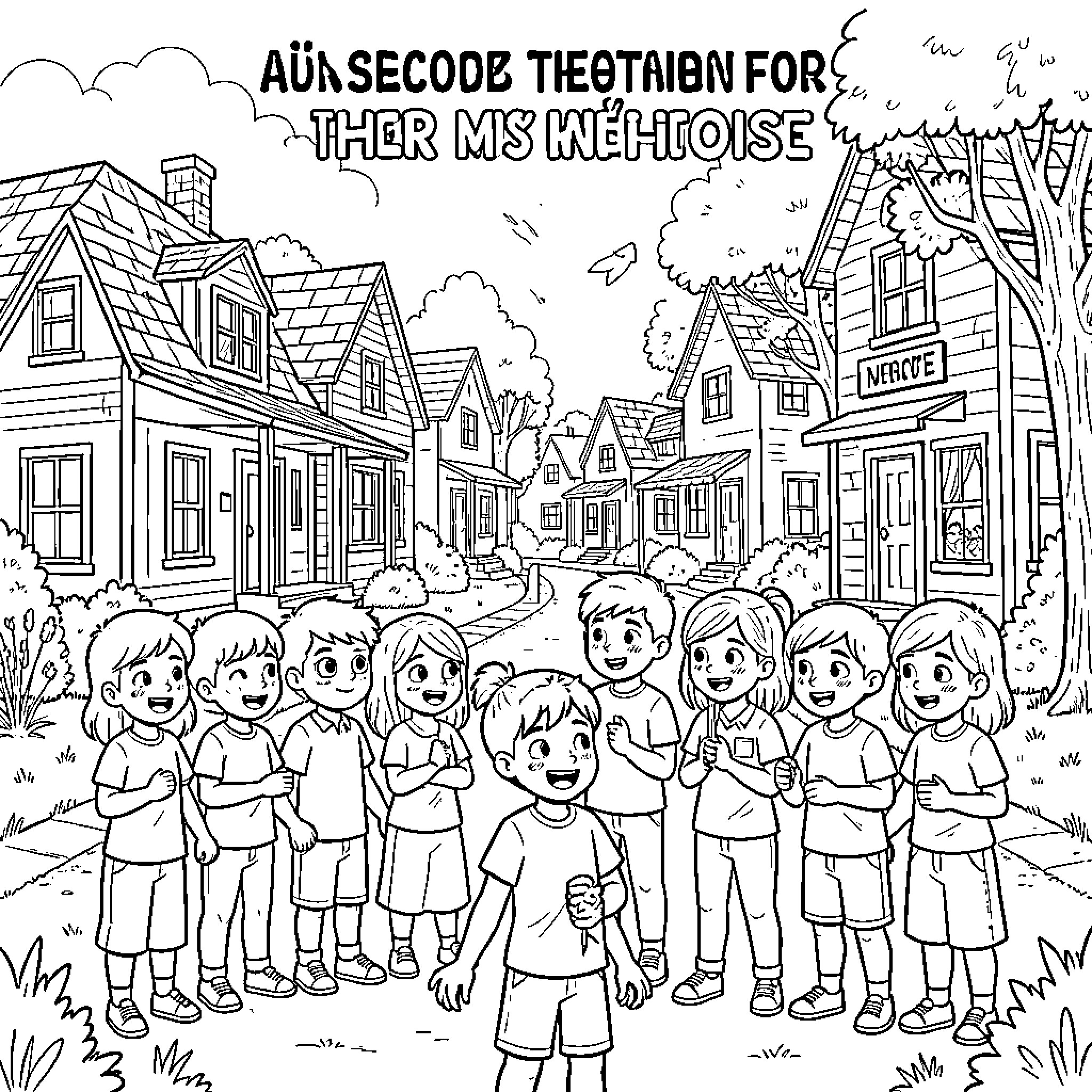 Stranger Things group of children standing together in a neighborhood Coloring Page (free black-and-white line drawing printable PDF for all, from beginners to advanced learners, including children, teens, adults, and seniors)