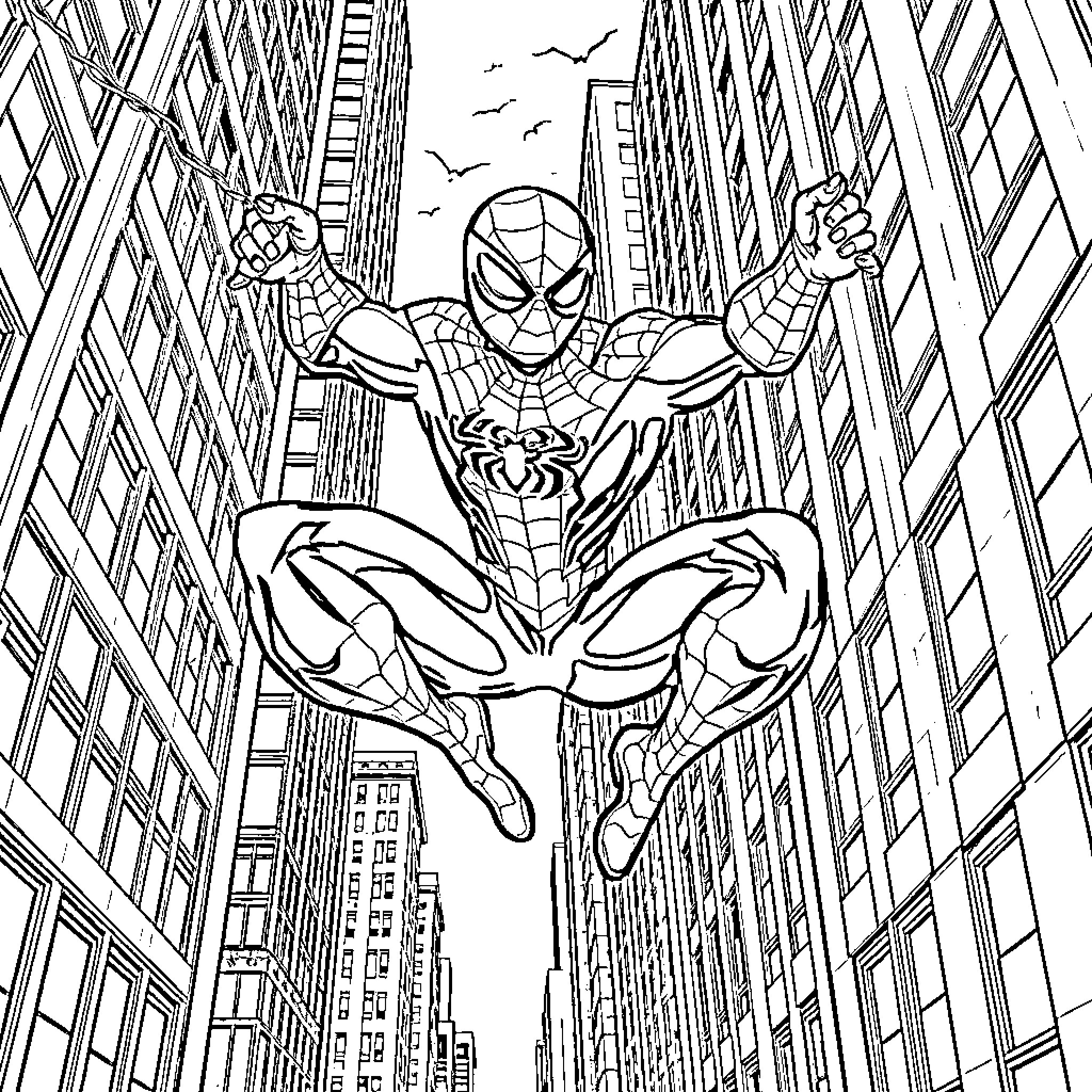 Spiderman swinging through the city skyline Coloring Page (free black-and-white line drawing printable PDF for all, from beginners to advanced learners, including children, teens, adults, and seniors)