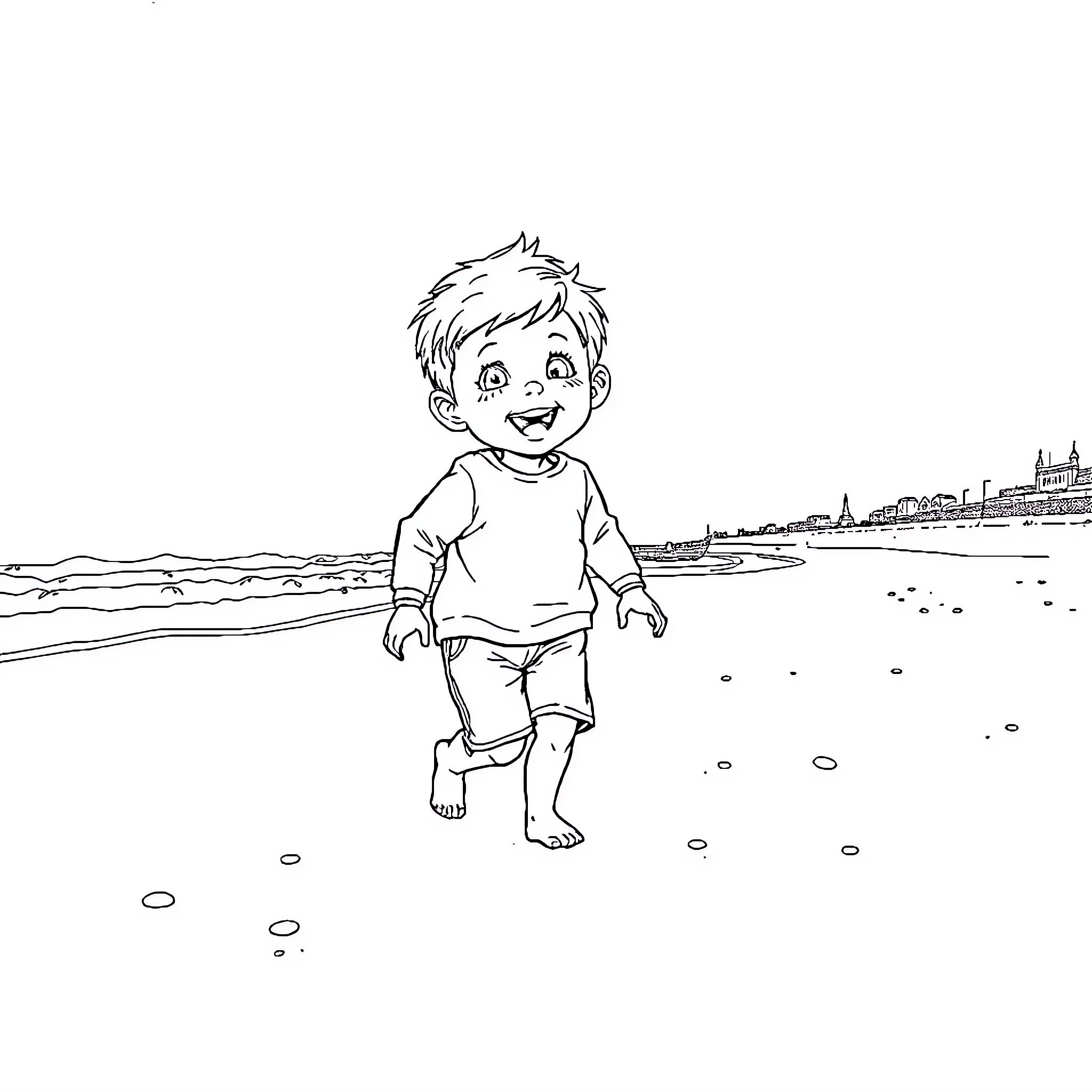 Boy enjoying the beach on a sunny day Coloring Page (free black-and-white line drawing printable PDF for all, from beginners to advanced learners, including children, teens, adults, and seniors)