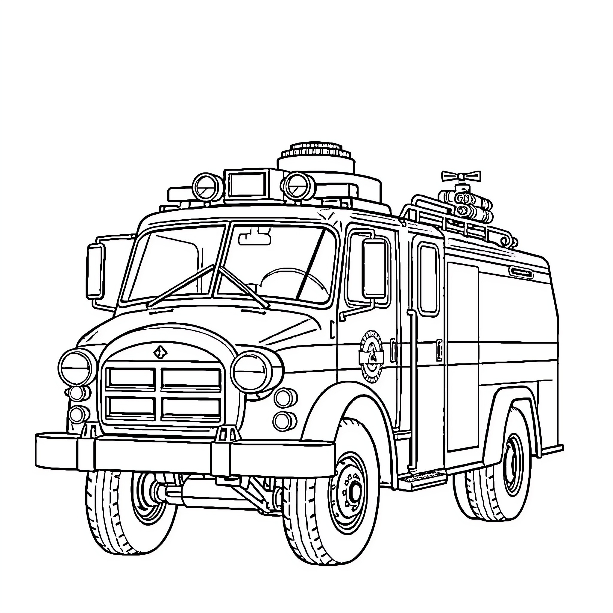 Fire Truck with Rescue Equipment Coloring Page (free black-and-white line drawing printable PDF for all, from beginners to advanced learners, including children, teens, adults, and seniors)