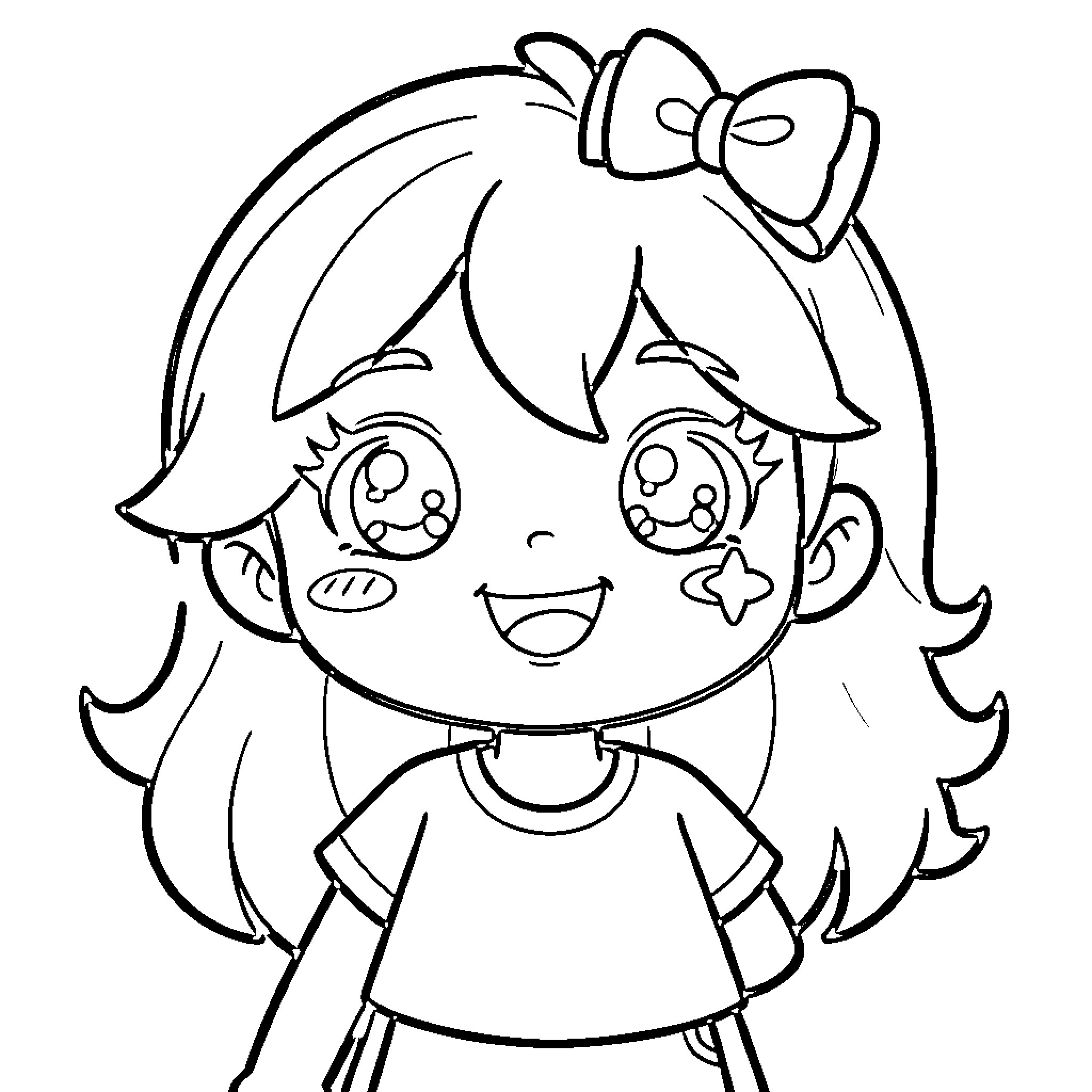 Kawaii Anime Girl with Bow and Adorable Expression Coloring Page (free black-and-white line drawing printable PDF for all, from beginners to advanced learners, including children, teens, adults, and seniors)