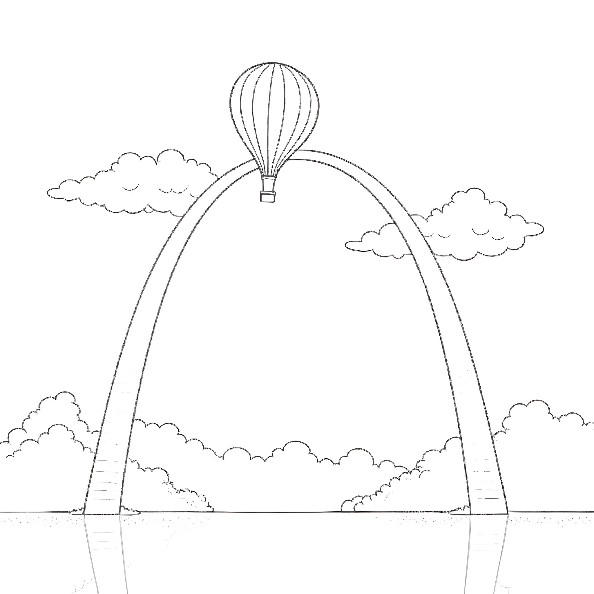 Hot Air Balloon Soaring Over Scenic Landscape Coloring Page (free black-and-white line drawing printable PDF for all, from beginners to advanced learners, including children, teens, adults, and seniors)
