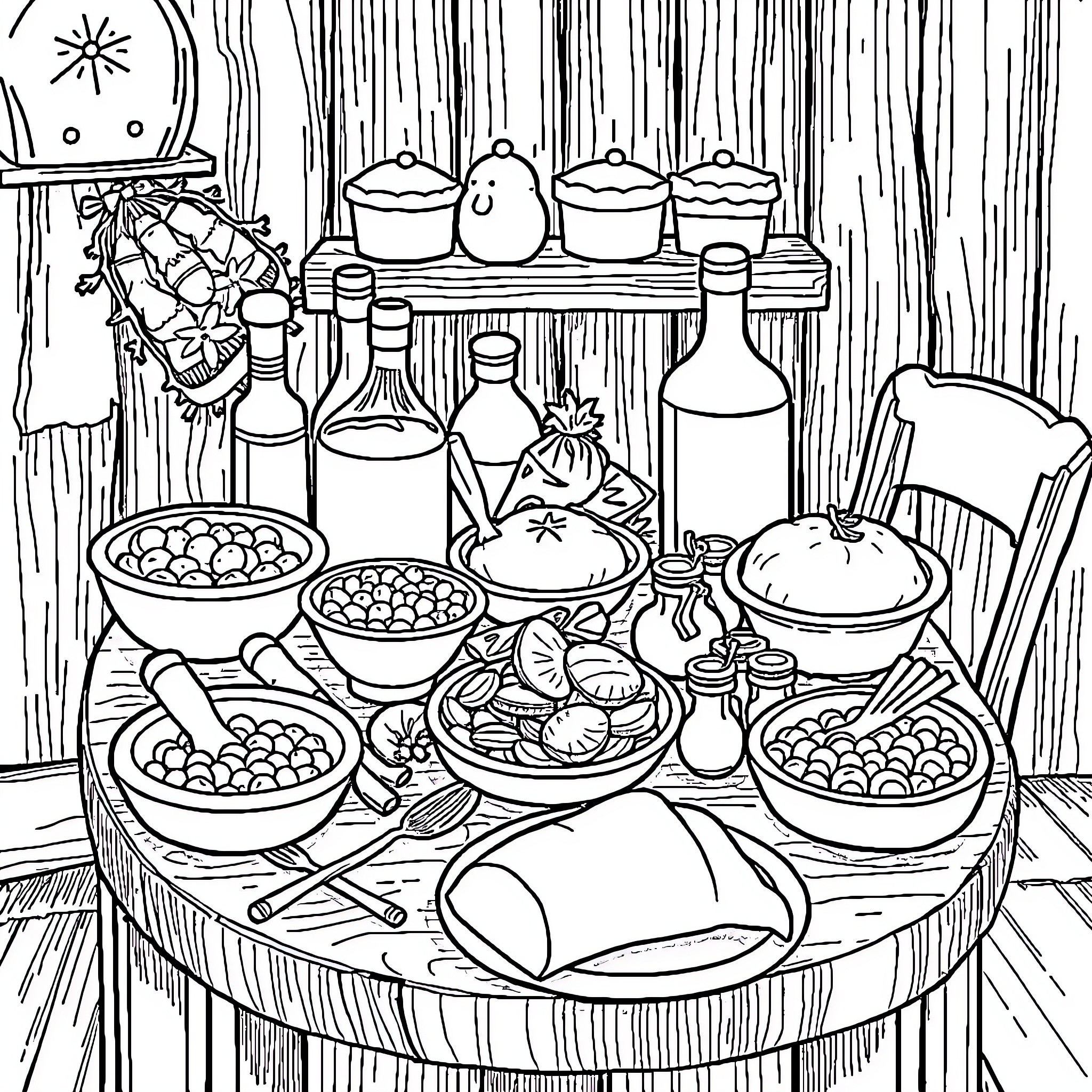 Specialty Culinary Display of Traditional Delicacies Coloring Page (free black-and-white line drawing printable PDF for all, from beginners to advanced learners, including children, teens, adults, and seniors)