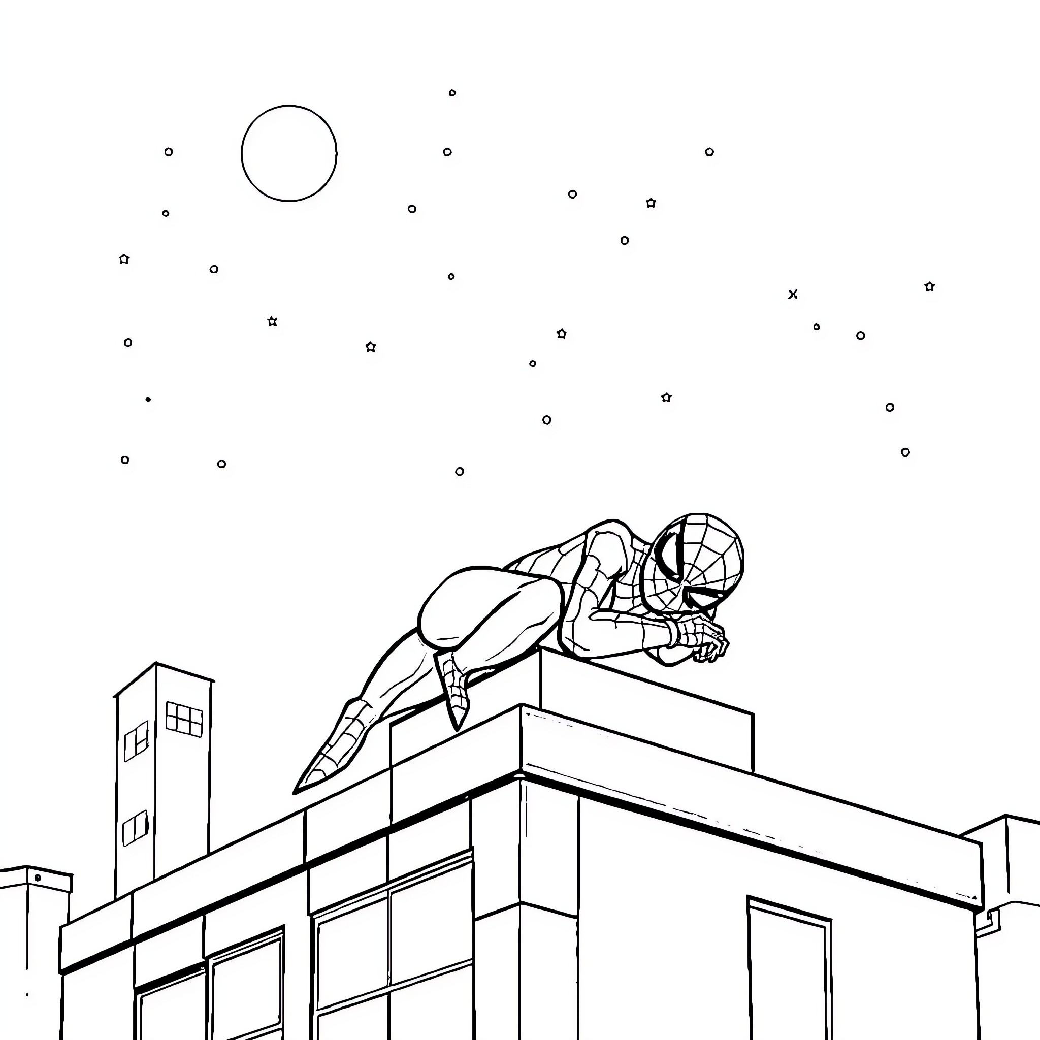 Spiderman swinging through the city skyline Coloring Page (free black-and-white line drawing printable PDF for all, from beginners to advanced learners, including children, teens, adults, and seniors)