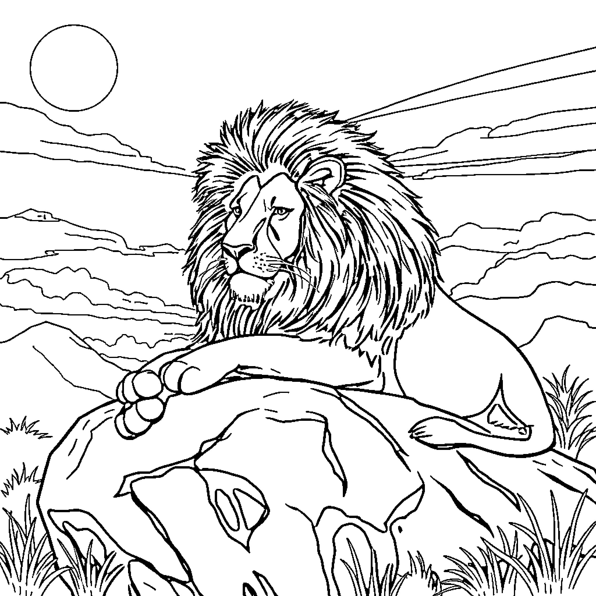 Lion Resting in the Serene Landscape Coloring Page (free black-and-white line drawing printable PDF for all, from beginners to advanced learners, including children, teens, adults, and seniors)
