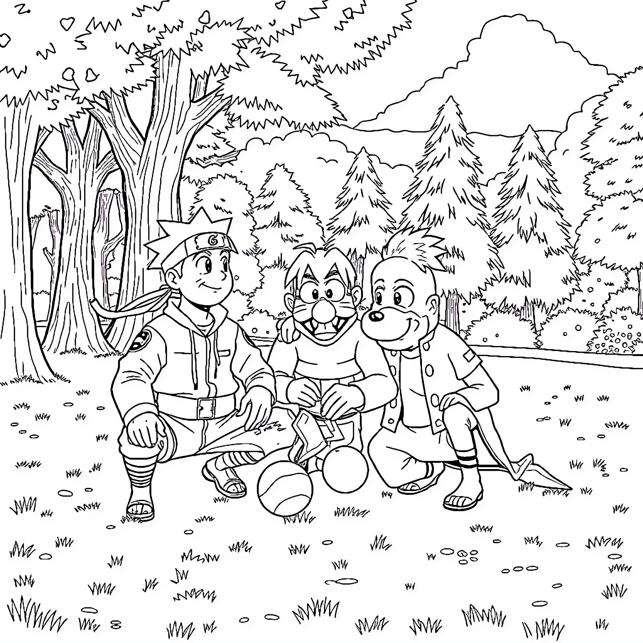 Naruto and Friends Enjoying Outdoor Adventure Coloring Page (free black-and-white line drawing printable PDF for all, from beginners to advanced learners, including children, teens, adults, and seniors)