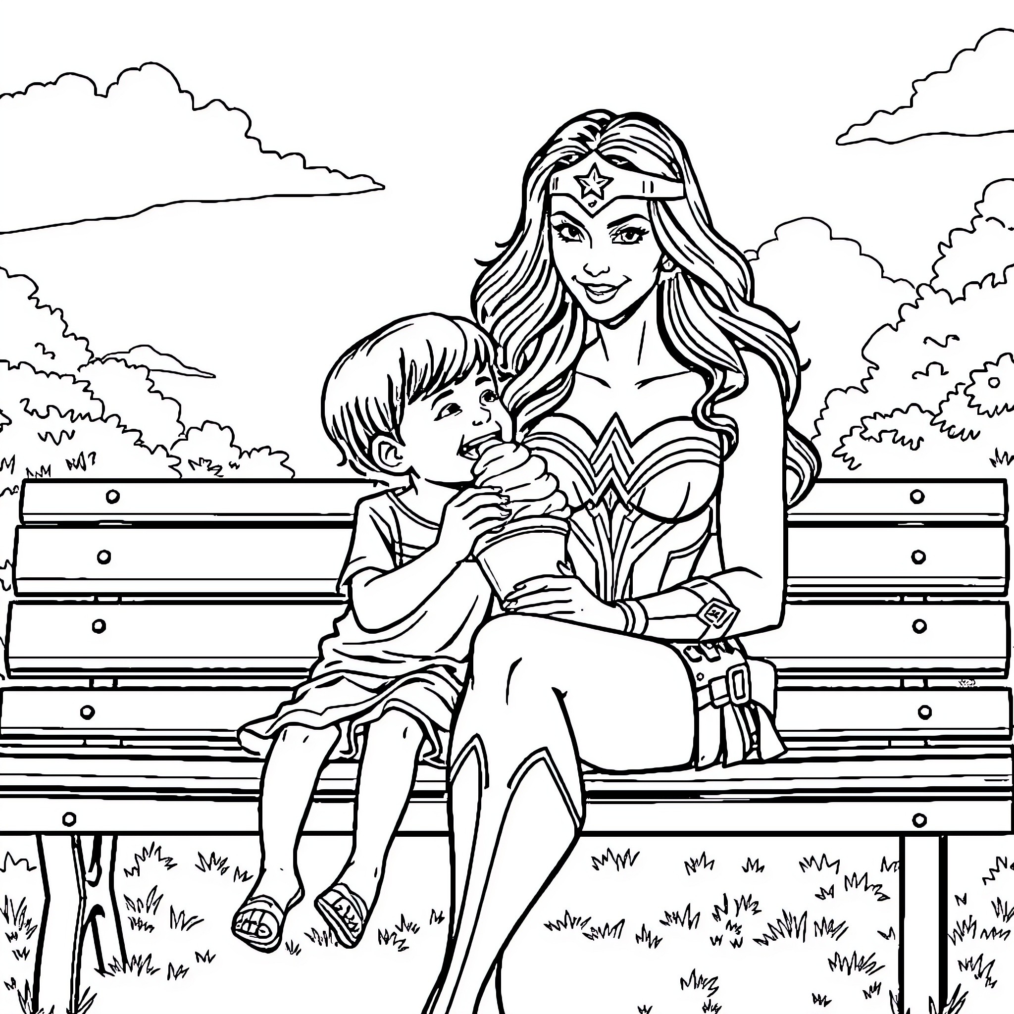 Wonder Woman comforting a child on a park bench Coloring Page (free black-and-white line drawing printable PDF for all, from beginners to advanced learners, including children, teens, adults, and seniors)