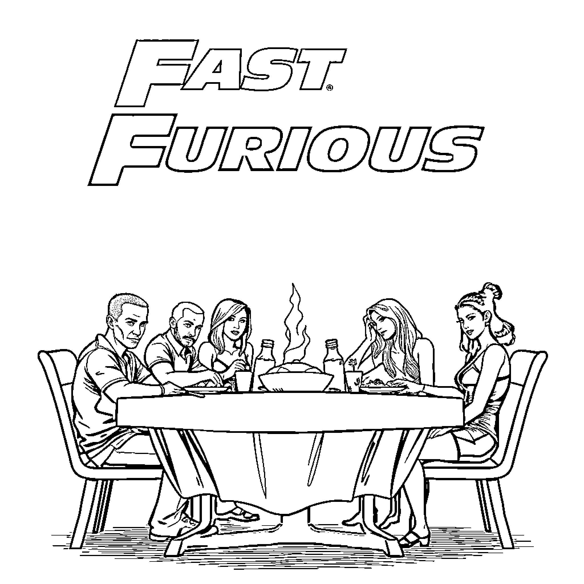 Fast and Furious Group Dining Together Coloring Page (free black-and-white line drawing printable PDF for all, from beginners to advanced learners, including children, teens, adults, and seniors)
