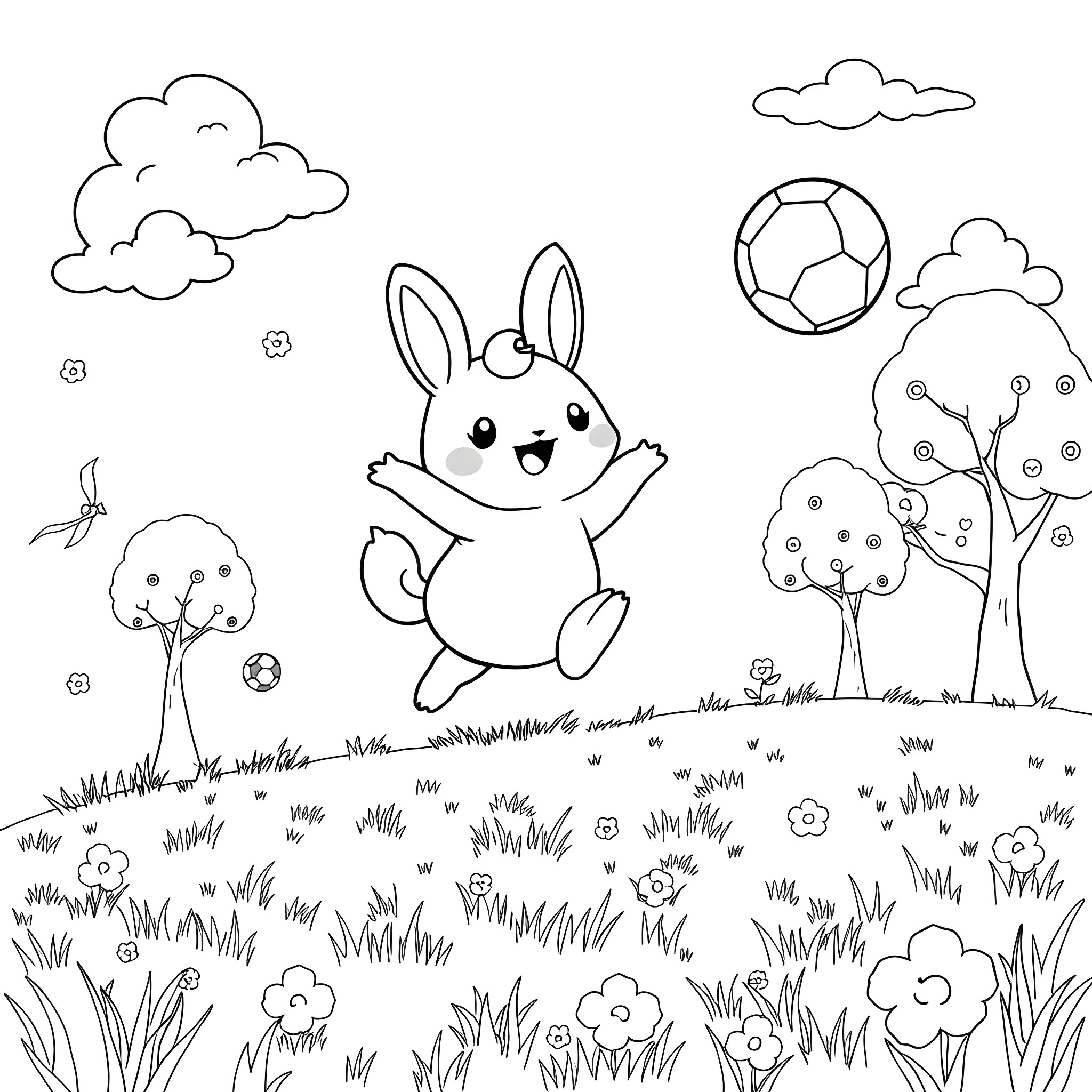 Cinnamoroll playing happily in a meadow with a ball Coloring Page (free black-and-white line drawing printable PDF for all, from beginners to advanced learners, including children, teens, adults, and seniors)