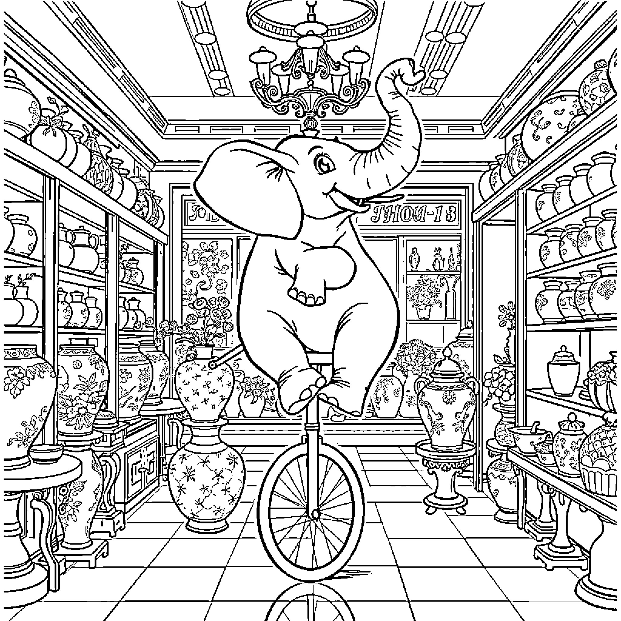 Elephant on a Unicycle in an Antique Shop Coloring Page (free black-and-white line drawing printable PDF for all, from beginners to advanced learners, including children, teens, adults, and seniors)
