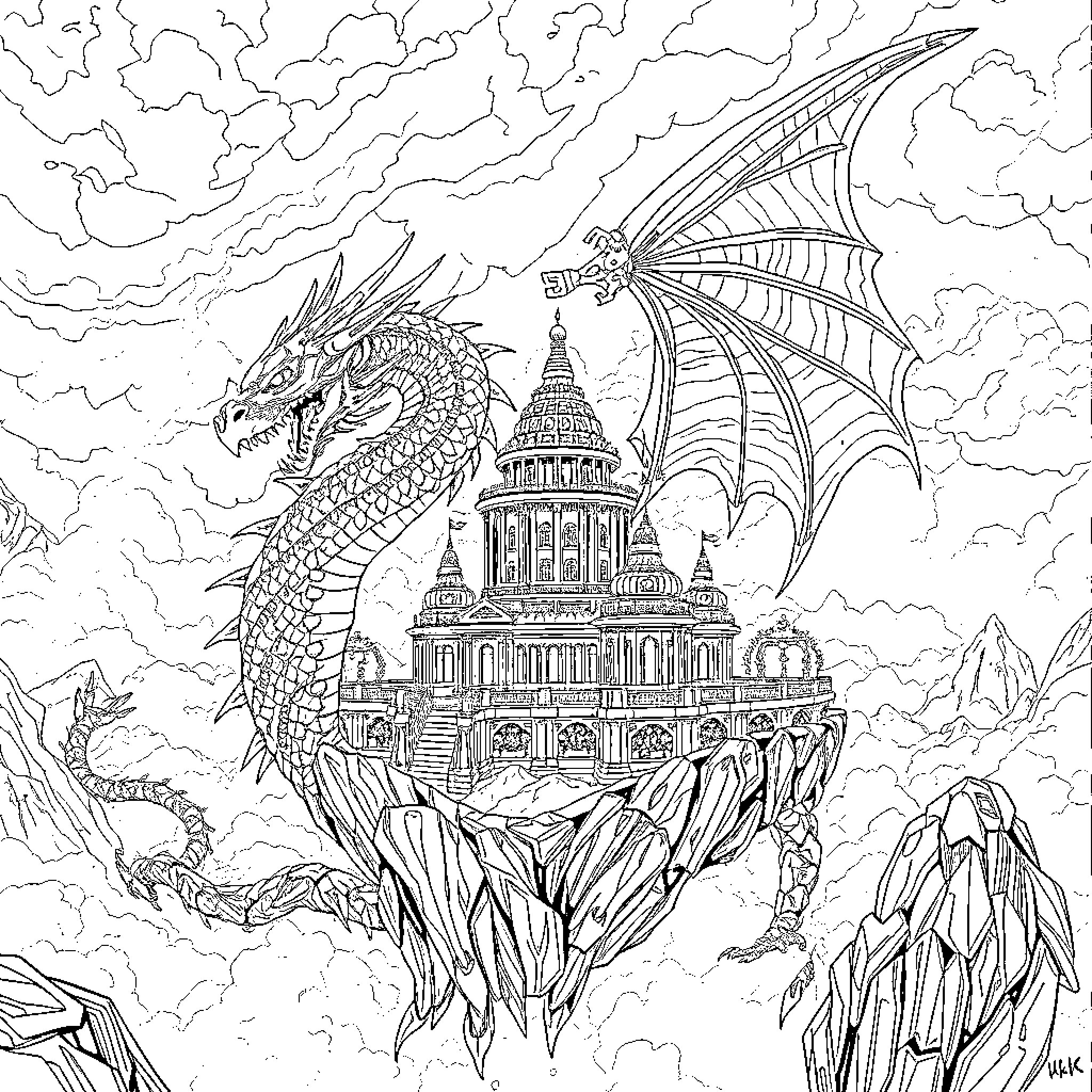 Dragon guarding a magnificent castle in the clouds Coloring Page (free black-and-white line drawing printable PDF for all, from beginners to advanced learners, including children, teens, adults, and seniors)