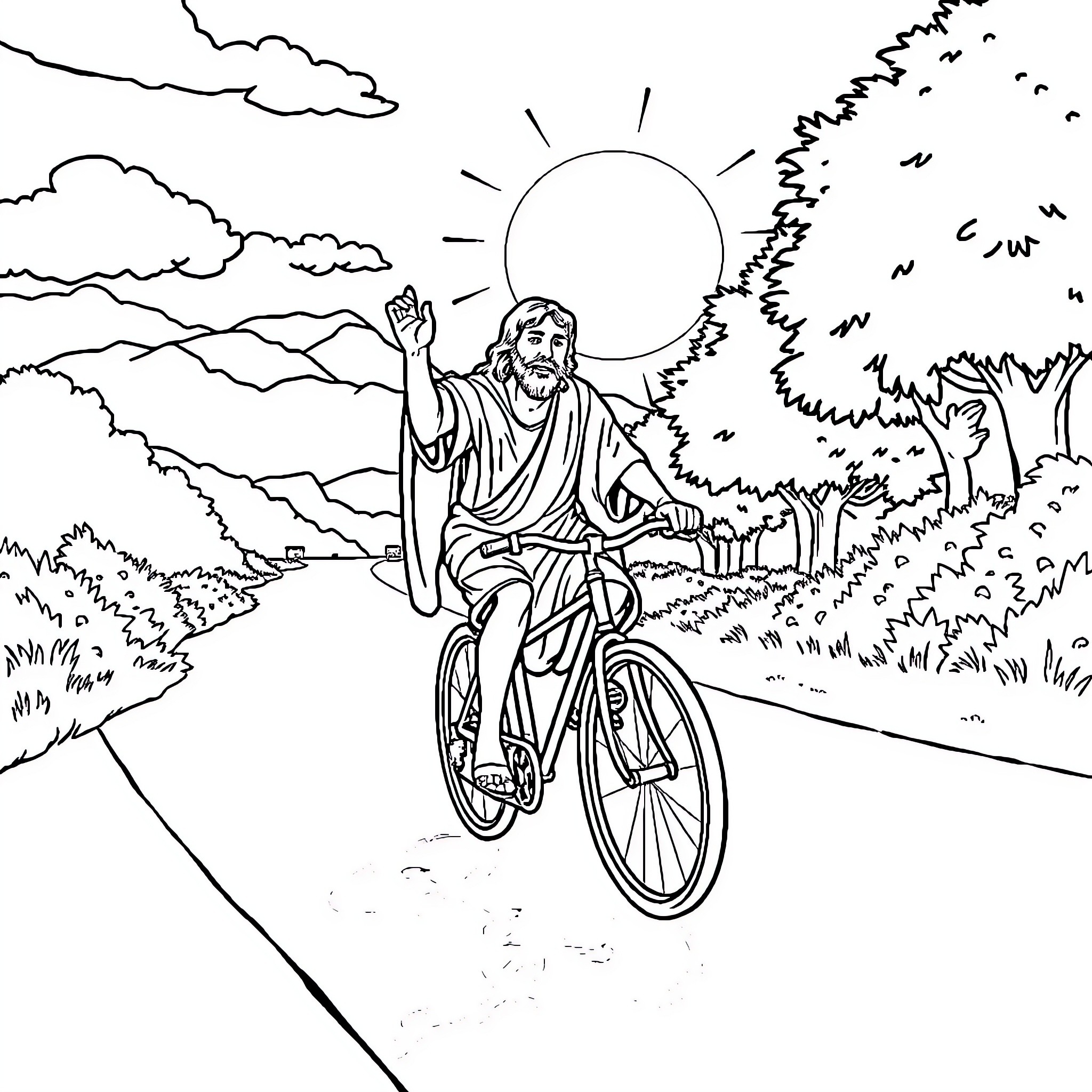 Christ Riding a Bicycle Through the Countryside Coloring Page (free black-and-white line drawing printable PDF for all, from beginners to advanced learners, including children, teens, adults, and seniors)