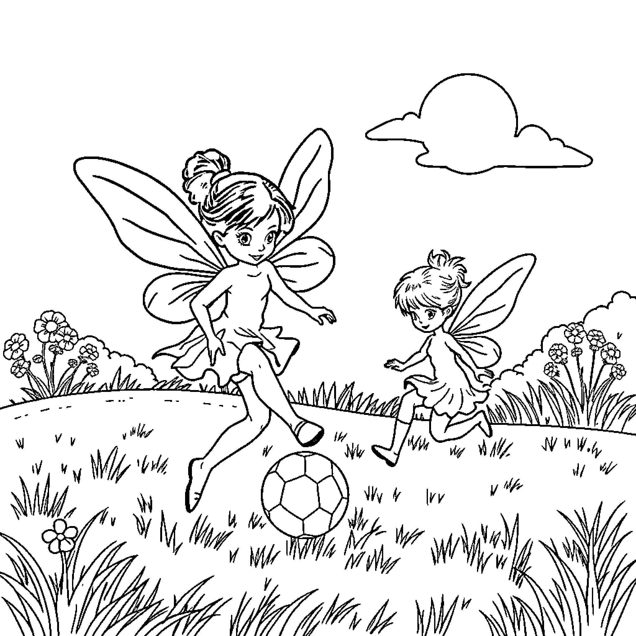 Fairy Companions Playing Soccer in the Meadow Coloring Page (free black-and-white line drawing printable PDF for all, from beginners to advanced learners, including children, teens, adults, and seniors)