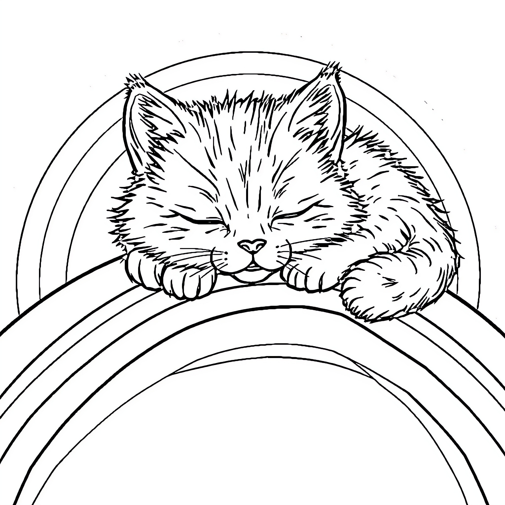 Kitty relaxing on a colorful rainbow Coloring Page (free black-and-white line drawing printable PDF for all, from beginners to advanced learners, including children, teens, adults, and seniors)
