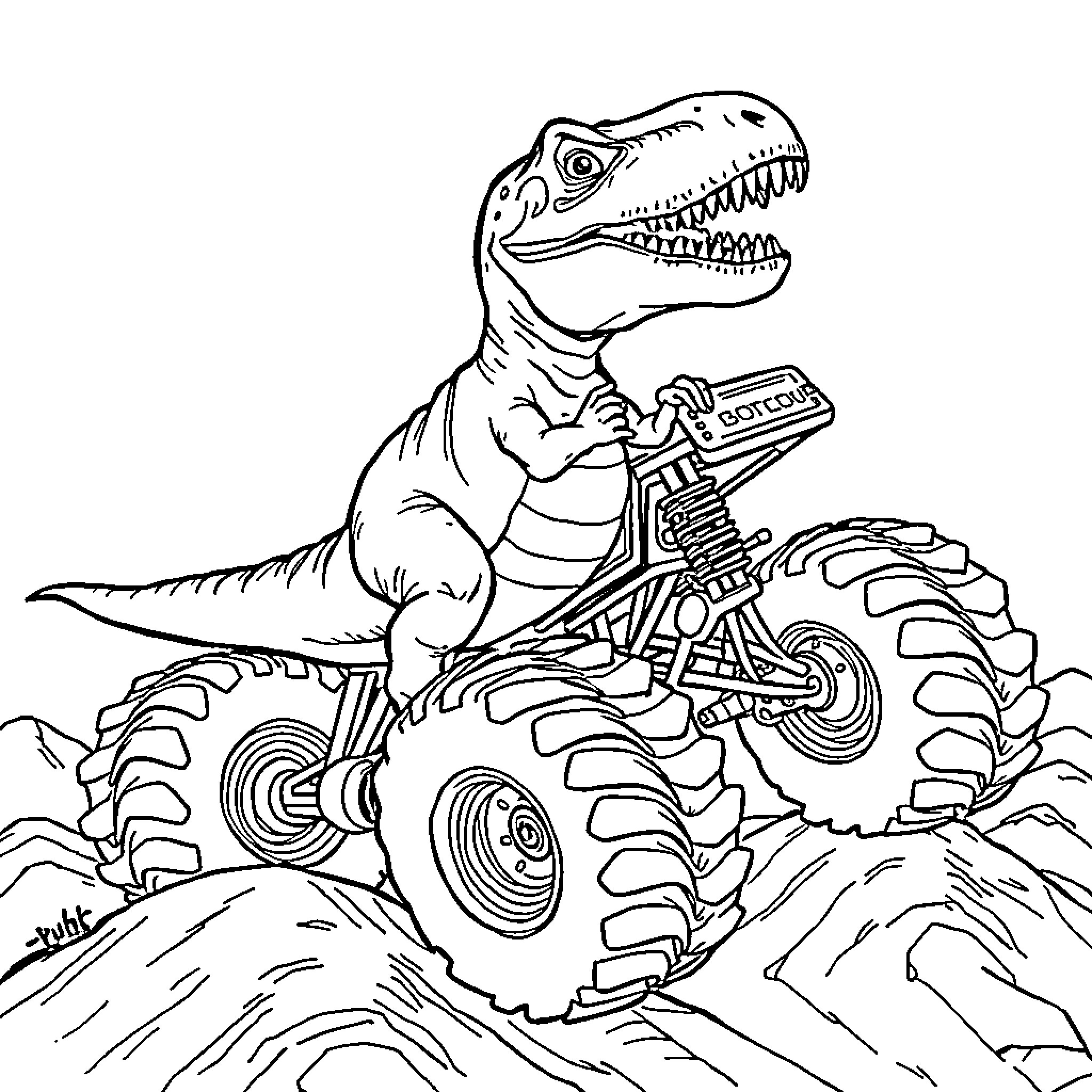 T-Rex riding a monster truck in the wilderness Coloring Page (free black-and-white line drawing printable PDF for all, from beginners to advanced learners, including children, teens, adults, and seniors)