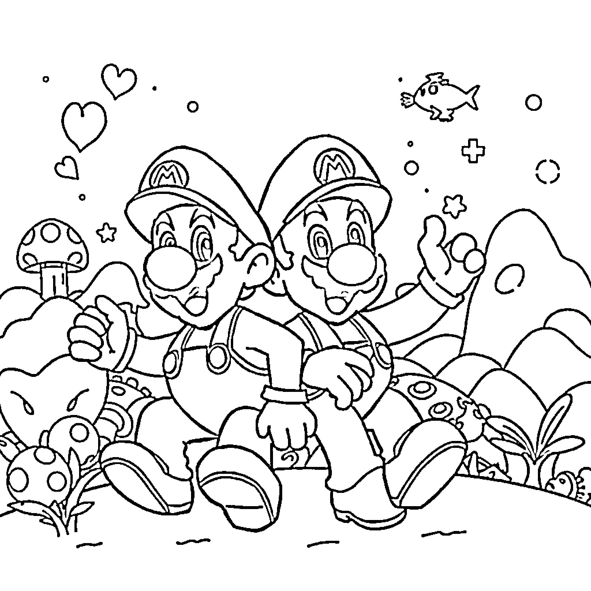 Super Mario Bros. Adventure in Mushroom Kingdom Coloring Page (free black-and-white line drawing printable PDF for all, from beginners to advanced learners, including children, teens, adults, and seniors)