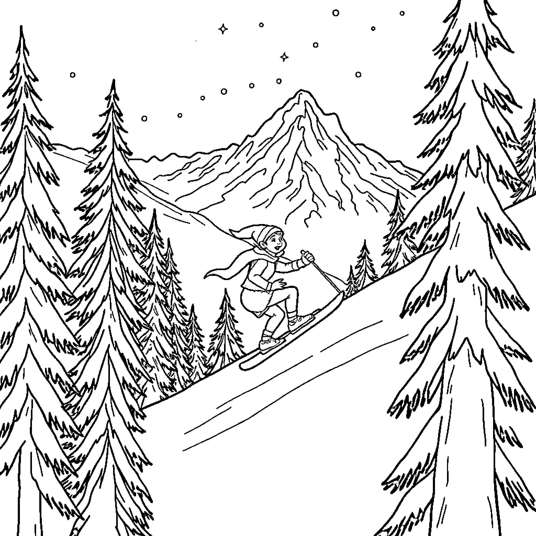 Elf Skiing Down Snowy Mountain Slopes Coloring Page (free black-and-white line drawing printable PDF for all, from beginners to advanced learners, including children, teens, adults, and seniors)