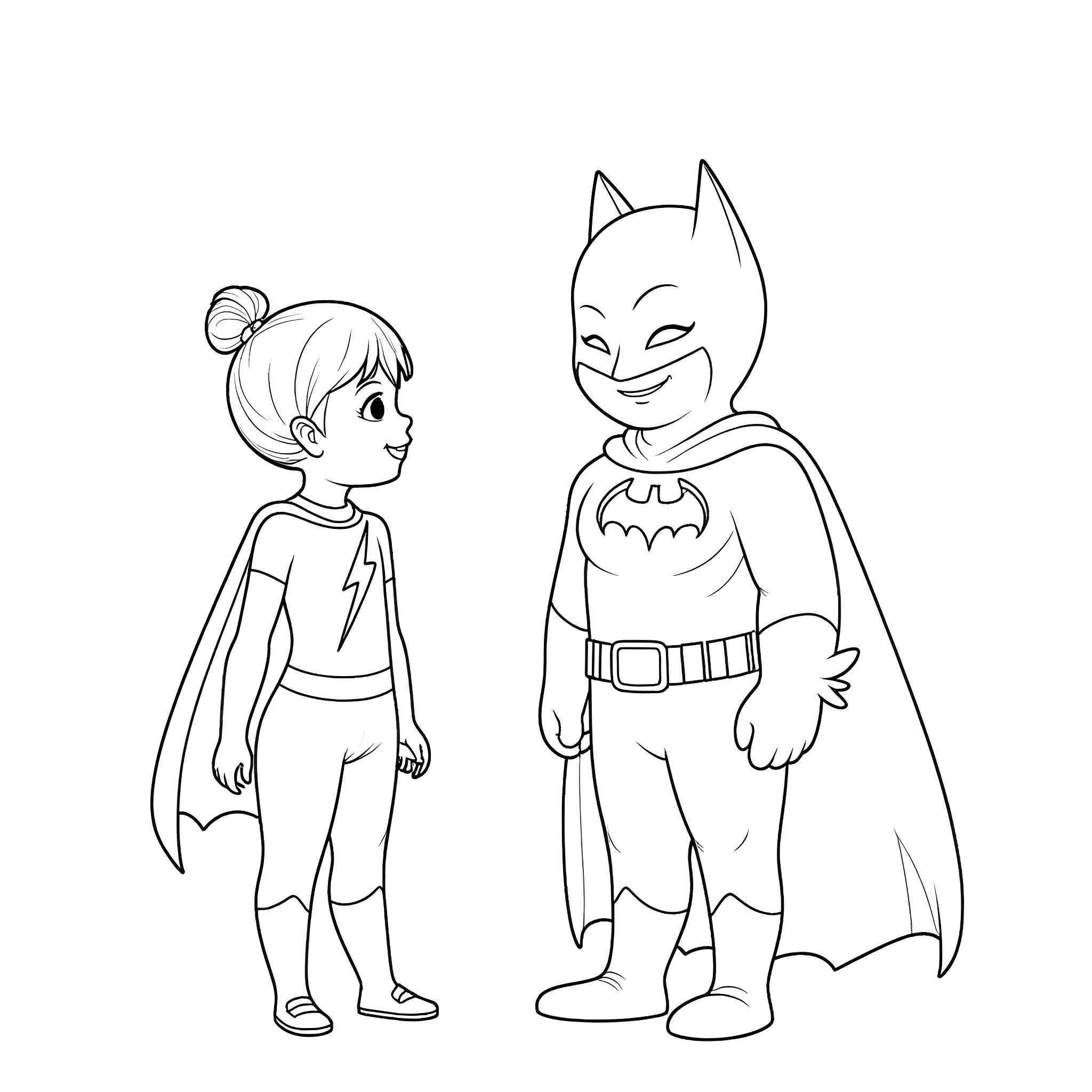 Girl and Superhero in Conversation Coloring Page (free black-and-white line drawing printable PDF for all, from beginners to advanced learners, including children, teens, adults, and seniors)