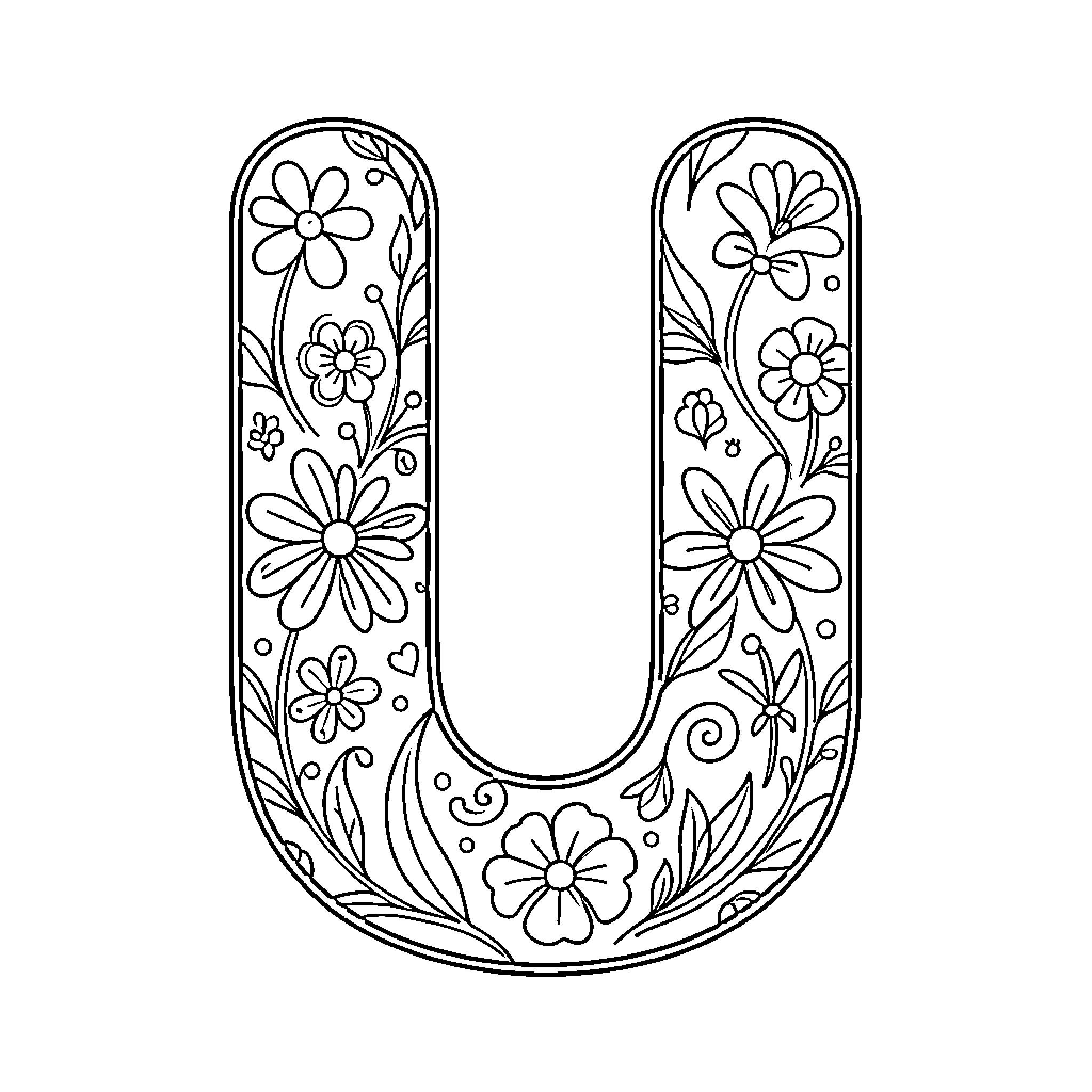 UN Decorative Floral Alphabet Letter U Coloring Page (free black-and-white line drawing printable PDF for all, from beginners to advanced learners, including children, teens, adults, and seniors)