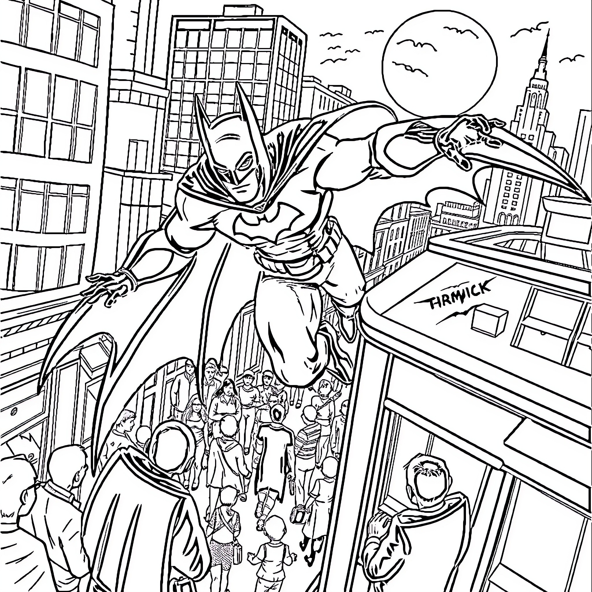 Batman soaring over the city at night Coloring Page (free black-and-white line drawing printable PDF for all, from beginners to advanced learners, including children, teens, adults, and seniors)