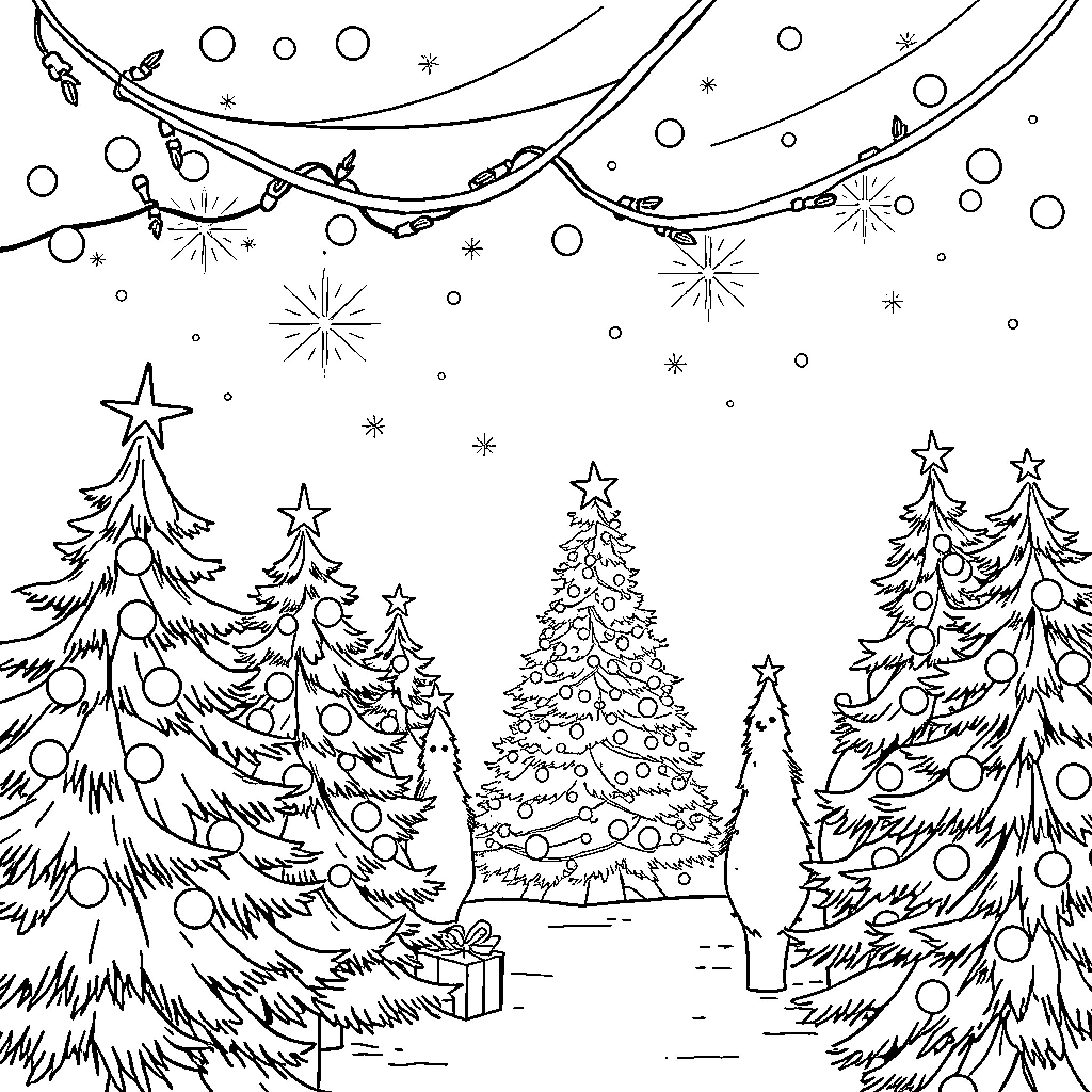 Christmas Eve in the Snowy Forest Coloring Page (free black-and-white line drawing printable PDF for all, from beginners to advanced learners, including children, teens, adults, and seniors)
