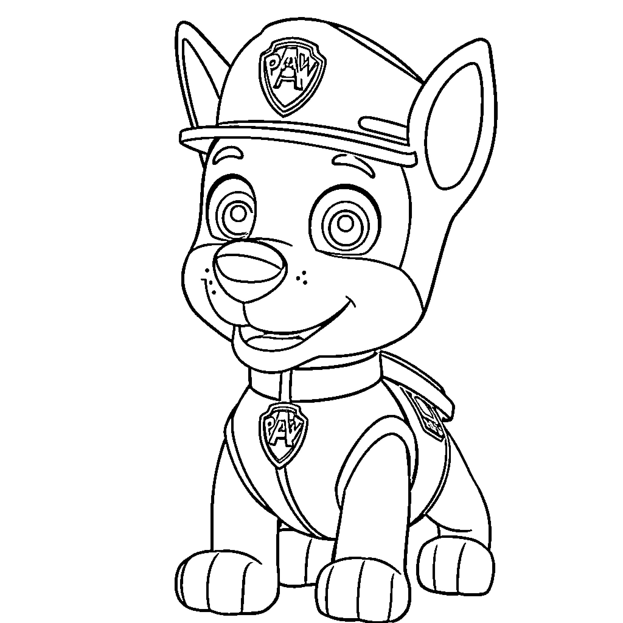 Marcus the Paw Patrol Puppy's Cheerful Expression Coloring Page (free black-and-white line drawing printable PDF for all, from beginners to advanced learners, including children, teens, adults, and seniors)