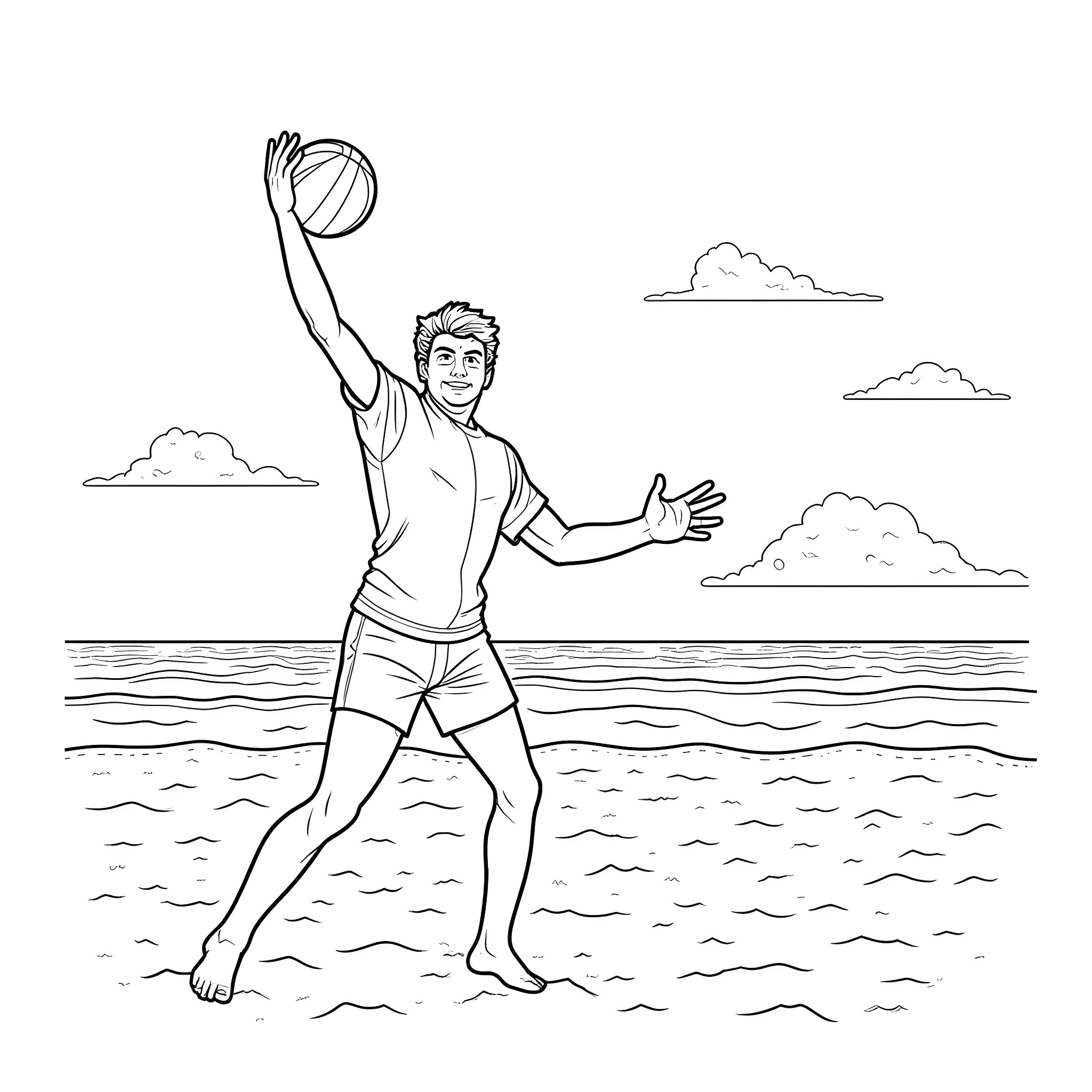 Dean Martin playing beach volleyball on a sunny day Coloring Page (free black-and-white line drawing printable PDF for all, from beginners to advanced learners, including children, teens, adults, and seniors)