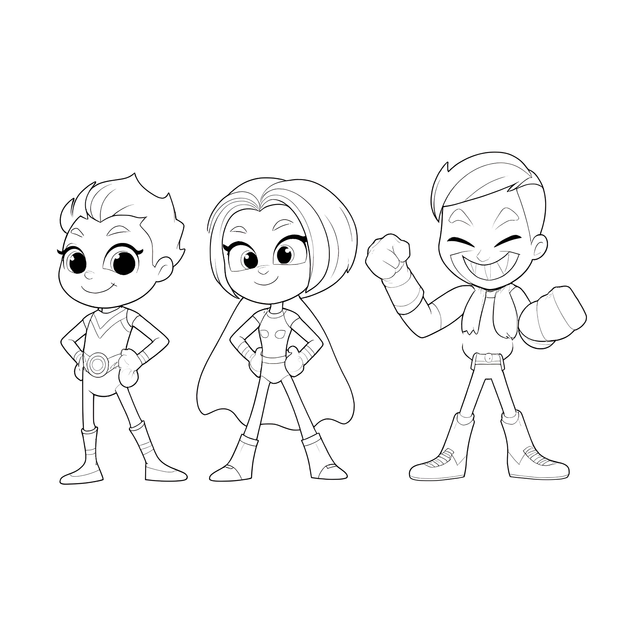 Teen Titans in action poses Coloring Page (free black-and-white line drawing printable PDF for all, from beginners to advanced learners, including children, teens, adults, and seniors)