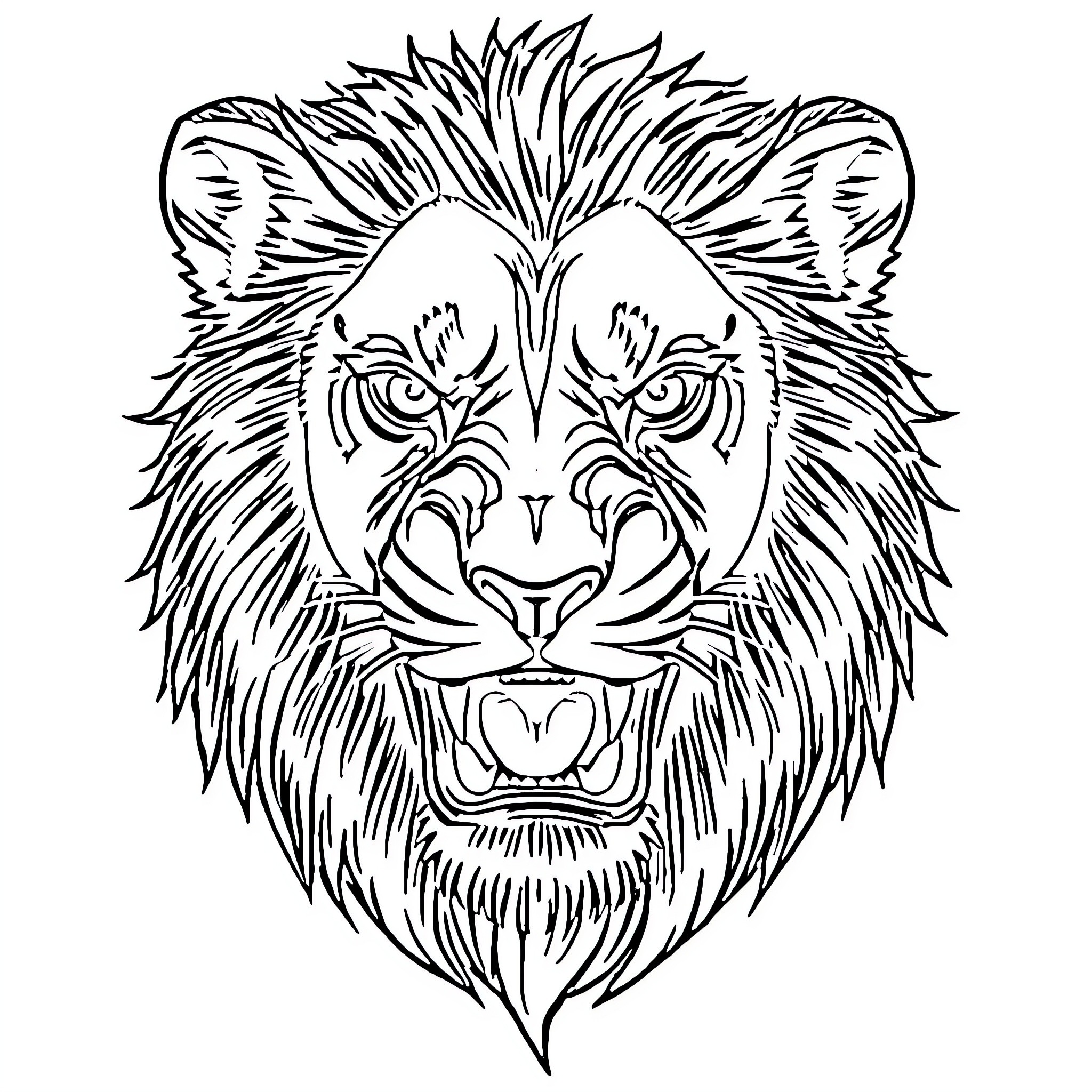 Lion with Fierce Expression Coloring Page (free black-and-white line drawing printable PDF for all, from beginners to advanced learners, including children, teens, adults, and seniors)