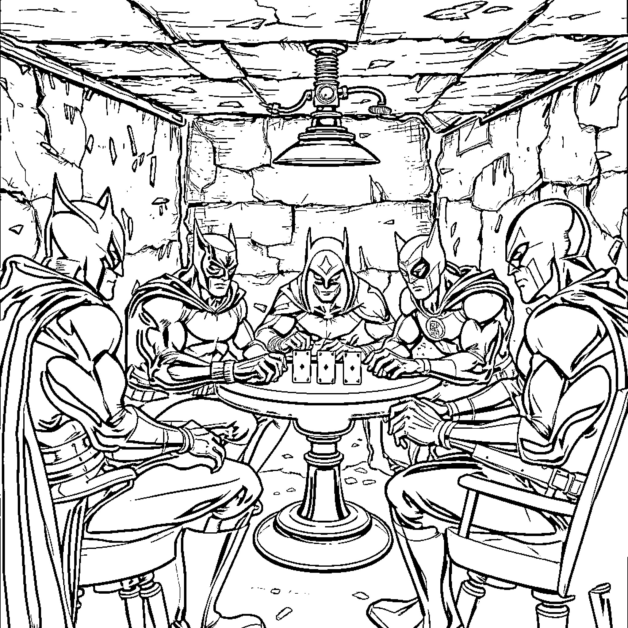 Superhero gathering for a strategy meeting in a cave Coloring Page (free black-and-white line drawing printable PDF for all, from beginners to advanced learners, including children, teens, adults, and seniors)