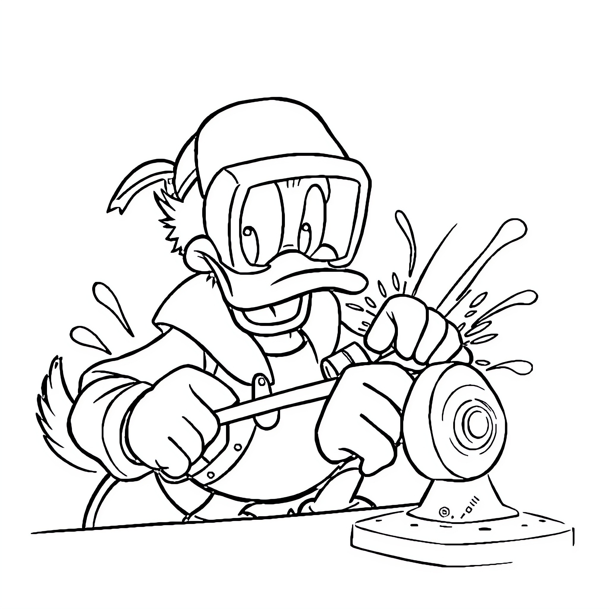 Donald Duck enjoying a fun plumbing repair task Coloring Page (free black-and-white line drawing printable PDF for all, from beginners to advanced learners, including children, teens, adults, and seniors)
