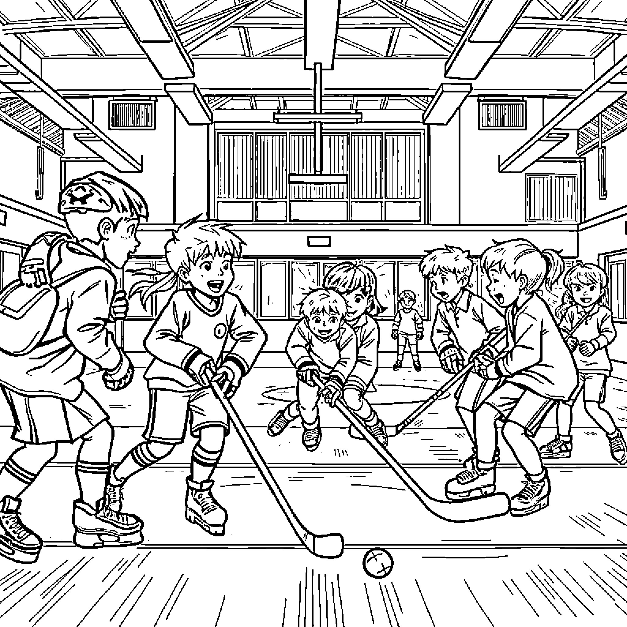 Students playing ice hockey in school gymnasium Coloring Page (free black-and-white line drawing printable PDF for all, from beginners to advanced learners, including children, teens, adults, and seniors)