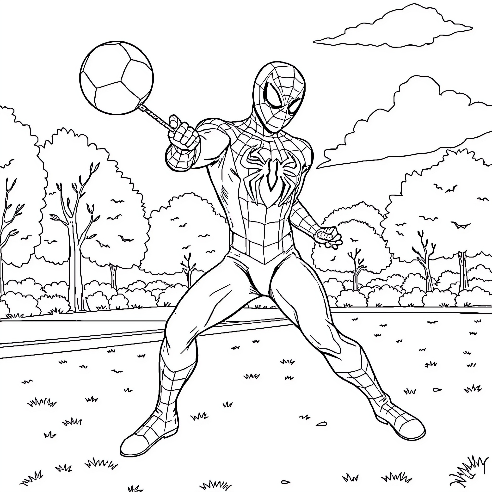 Spider-Man swinging through the city with a soccer ball Coloring Page (free black-and-white line drawing printable PDF for all, from beginners to advanced learners, including children, teens, adults, and seniors)